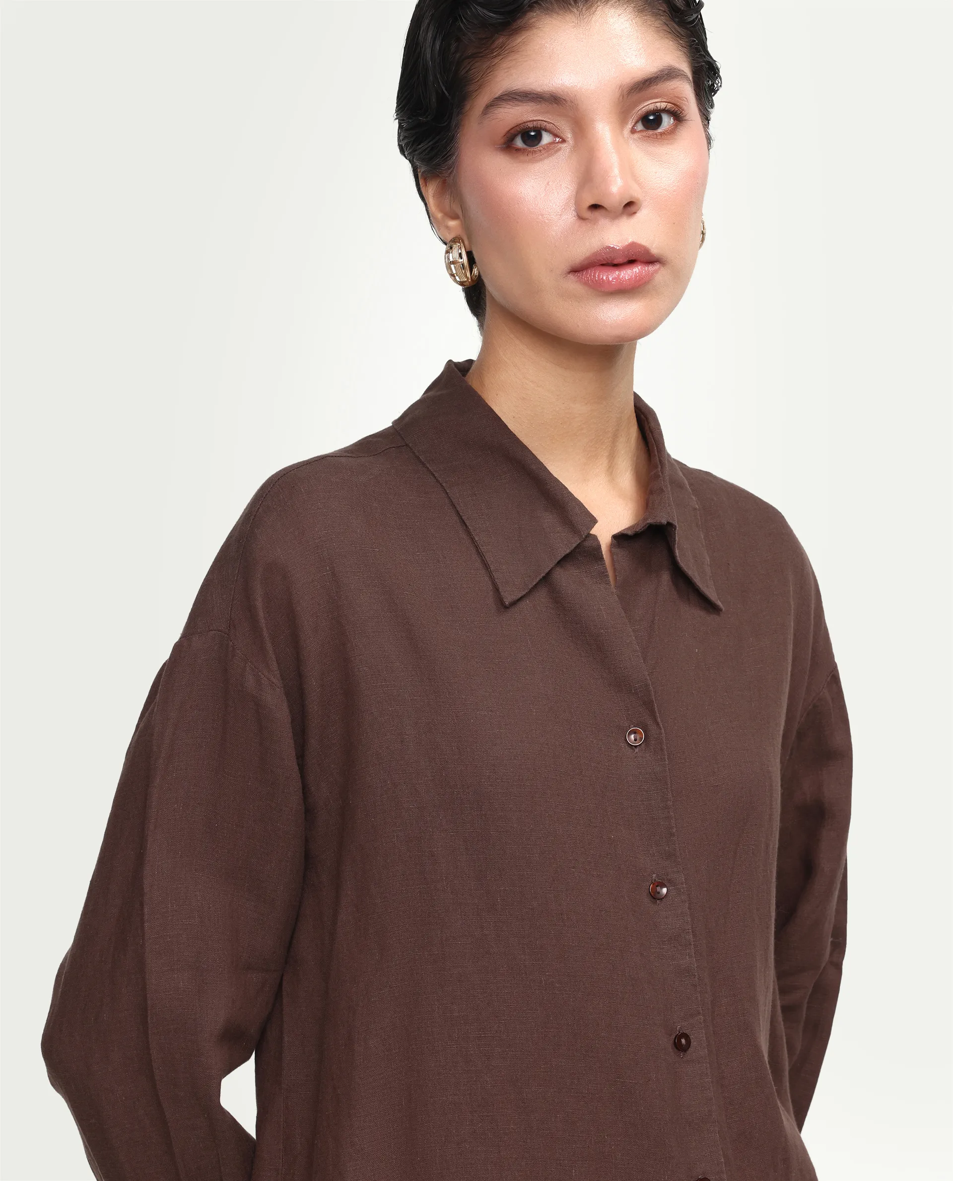 Rareism Women's Uganda Brown Linen Fabric Spread Collar Regular Plain Shirt - Image 4