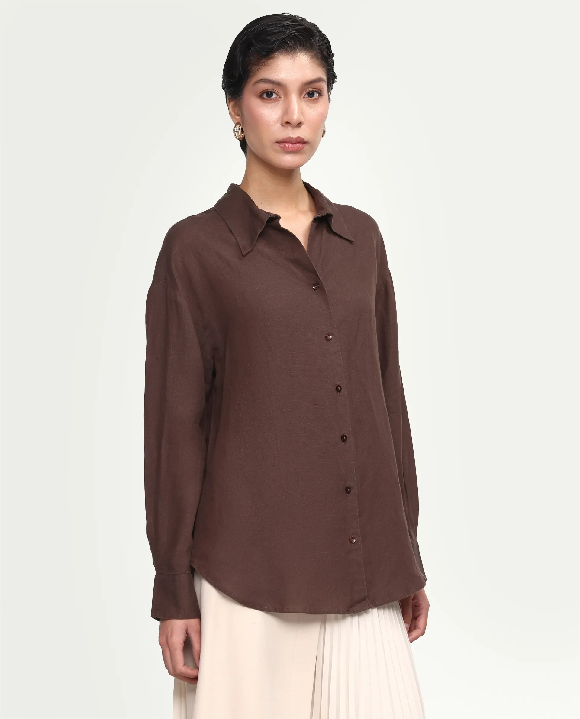 Rareism Women's Uganda Brown Linen Fabric Spread Collar Regular Plain Shirt - Image 5
