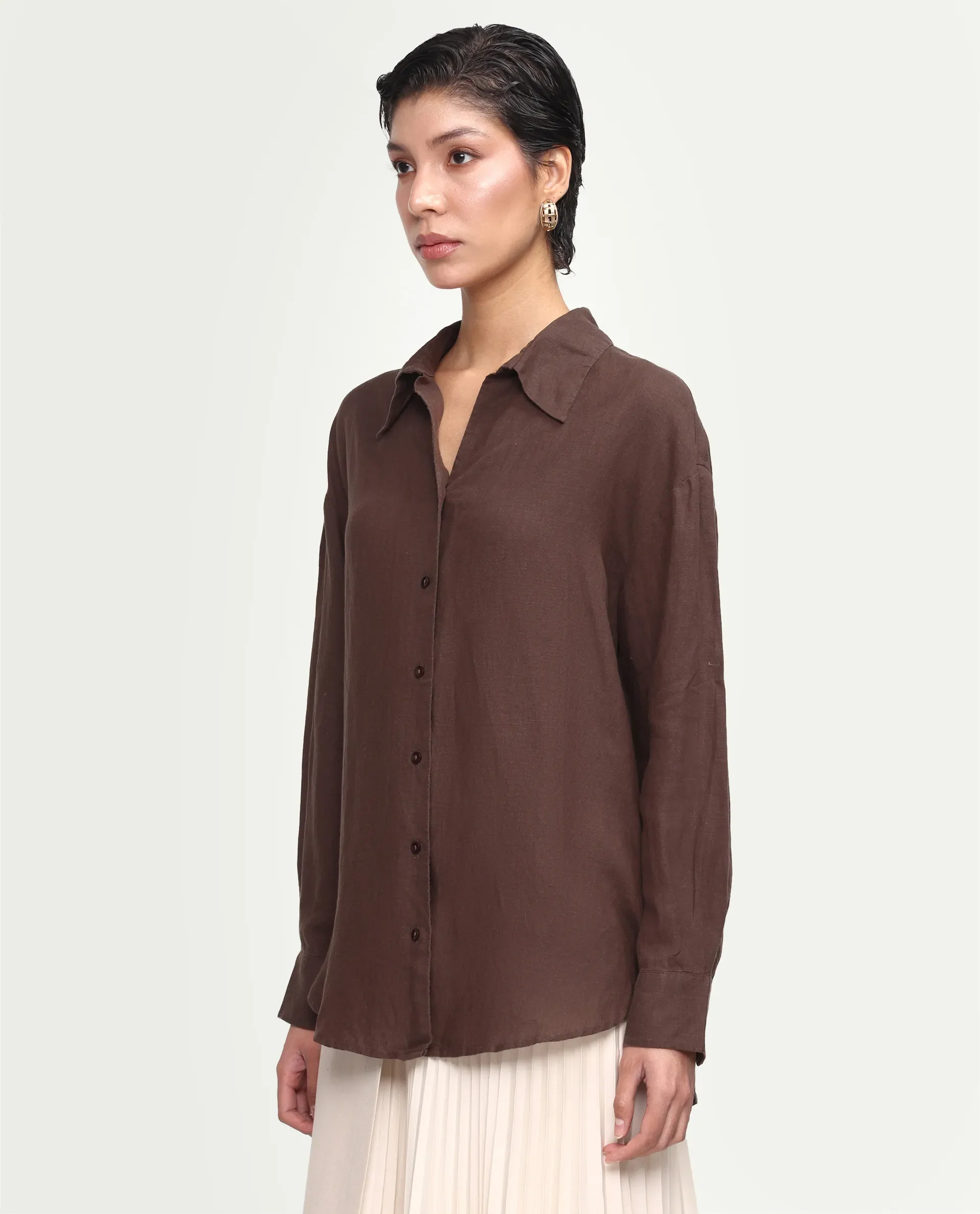 Rareism Women's Uganda Brown Linen Fabric Spread Collar Regular Plain Shirt - Image 6