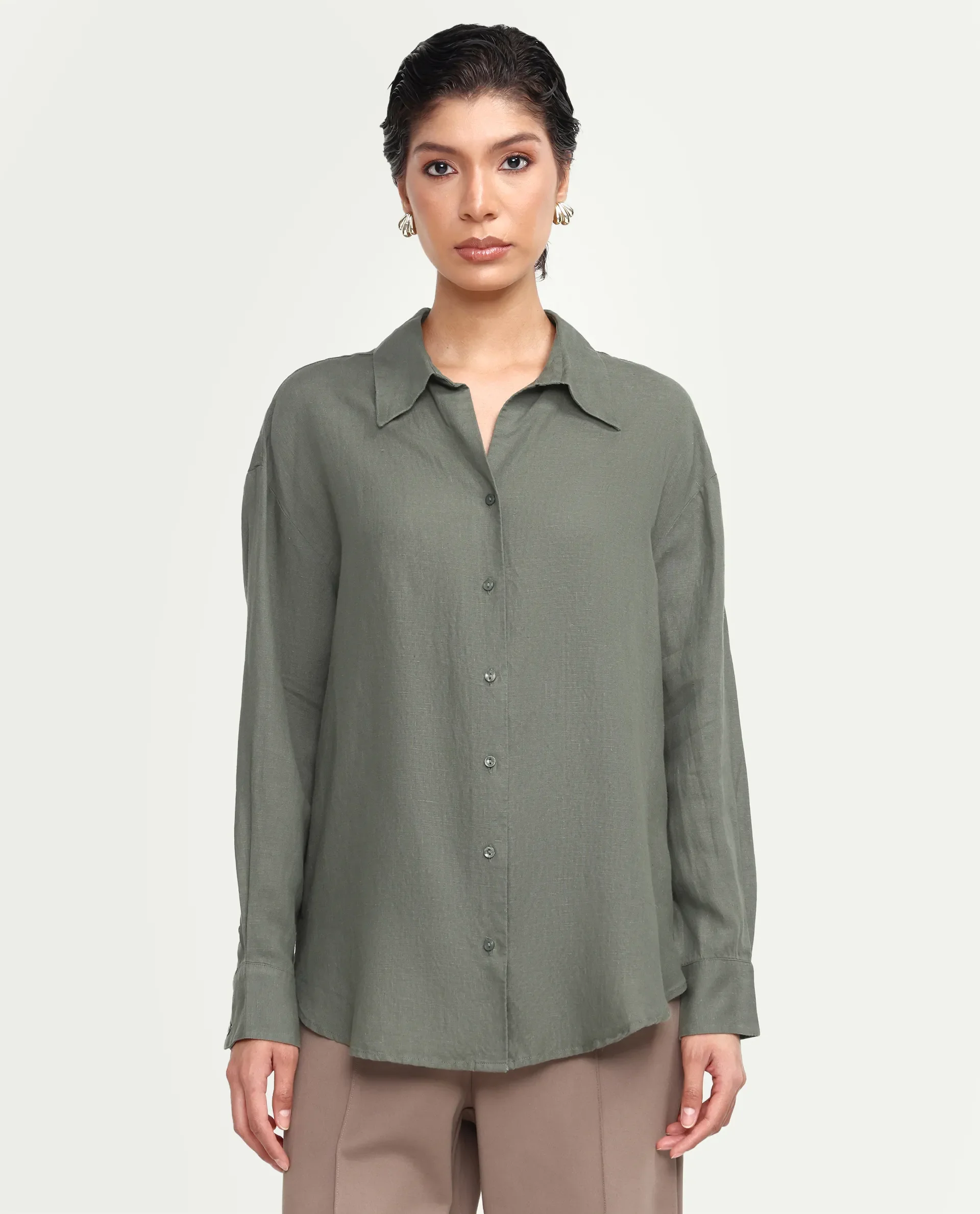 Rareism Women's Uganda Dusky Green Linen Fabric Spread Collar Regular Plain Shirt - Image 3