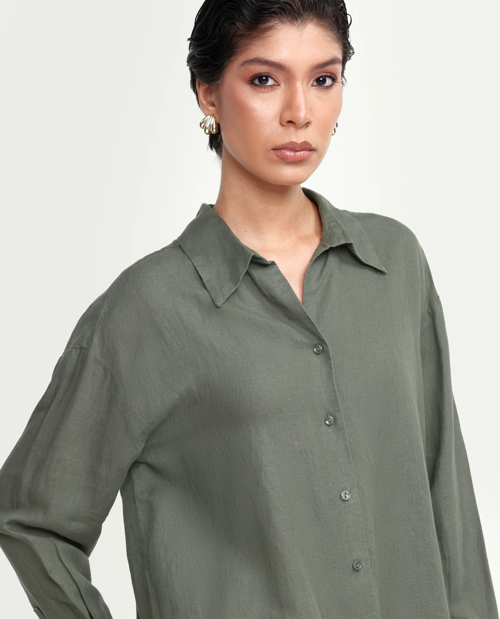 Rareism Women's Uganda Dusky Green Linen Fabric Spread Collar Regular Plain Shirt - Image 4