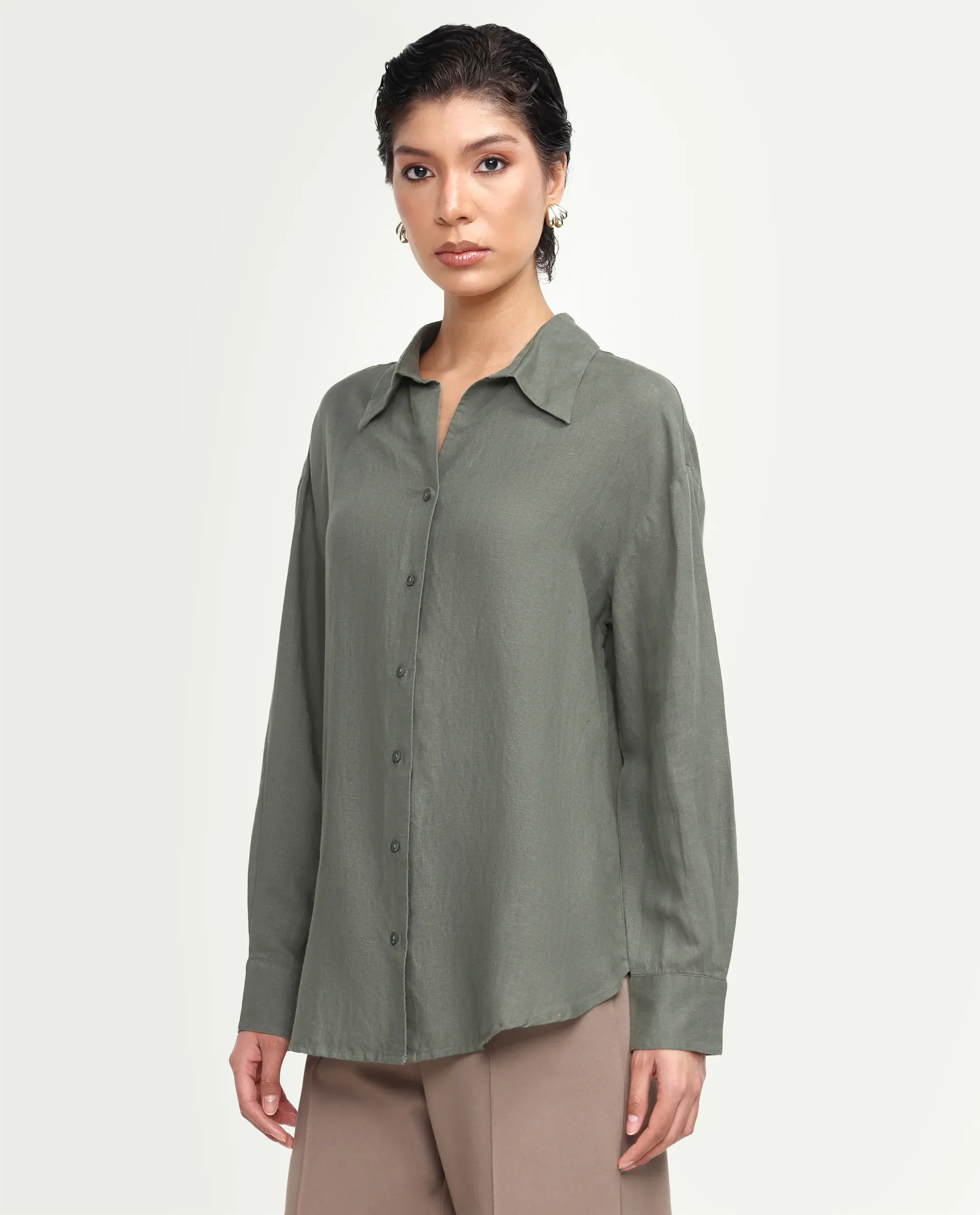 Rareism Women's Uganda Dusky Green Linen Fabric Spread Collar Regular Plain Shirt - Image 5