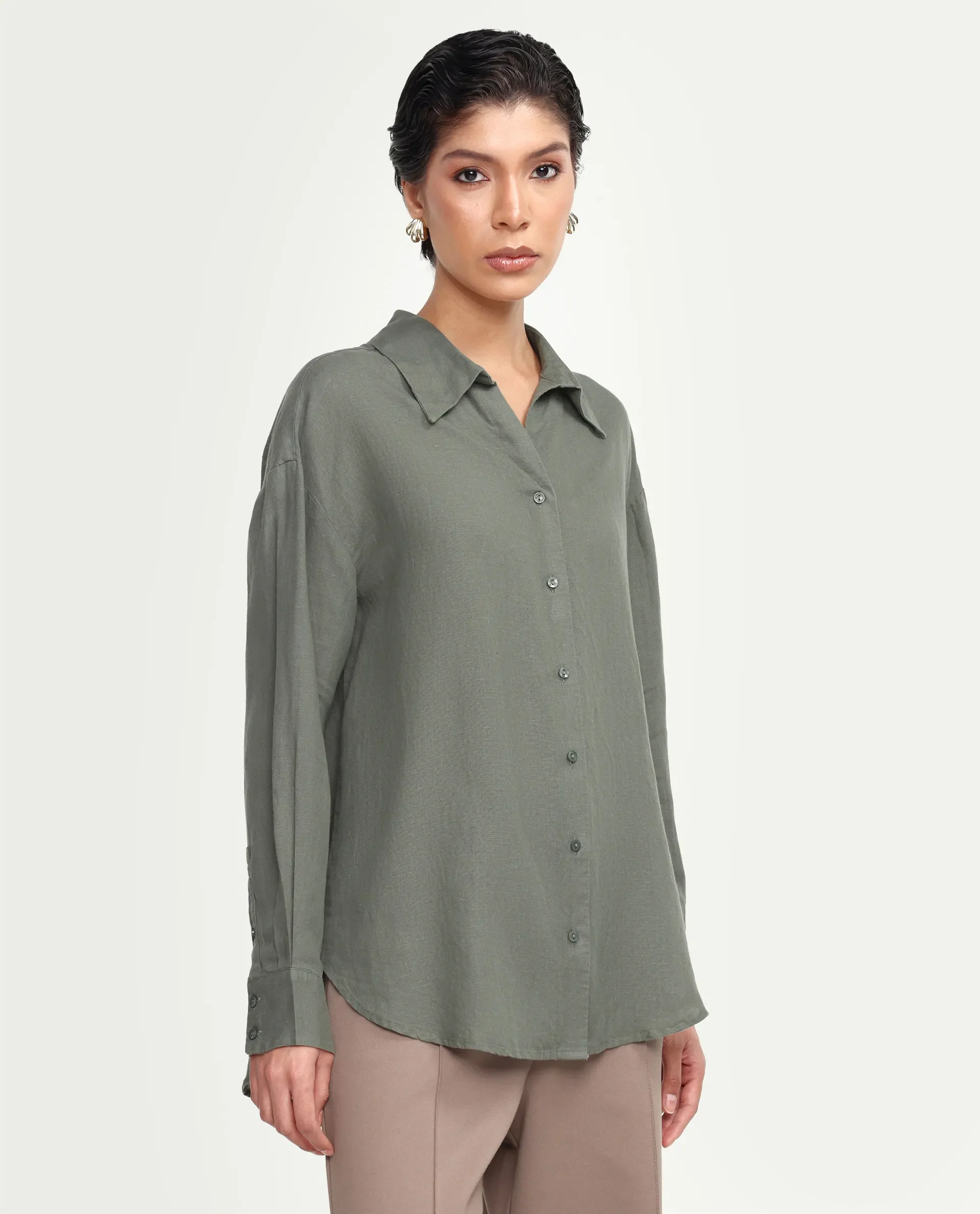 Rareism Women's Uganda Dusky Green Linen Fabric Spread Collar Regular Plain Shirt - Image 6