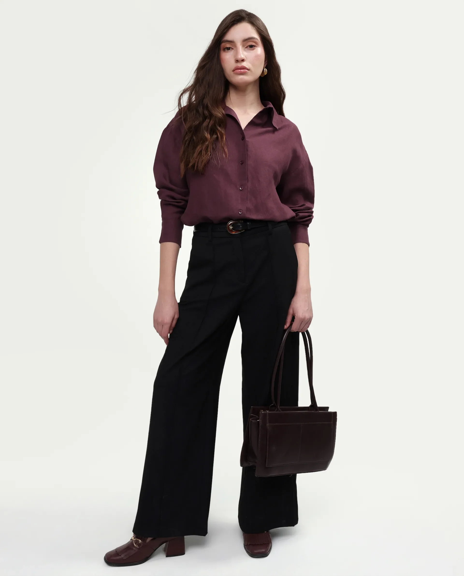 Rareism Women's Uganda Maroon Linen Spread Collar Regular Plain Shirt - Image 2