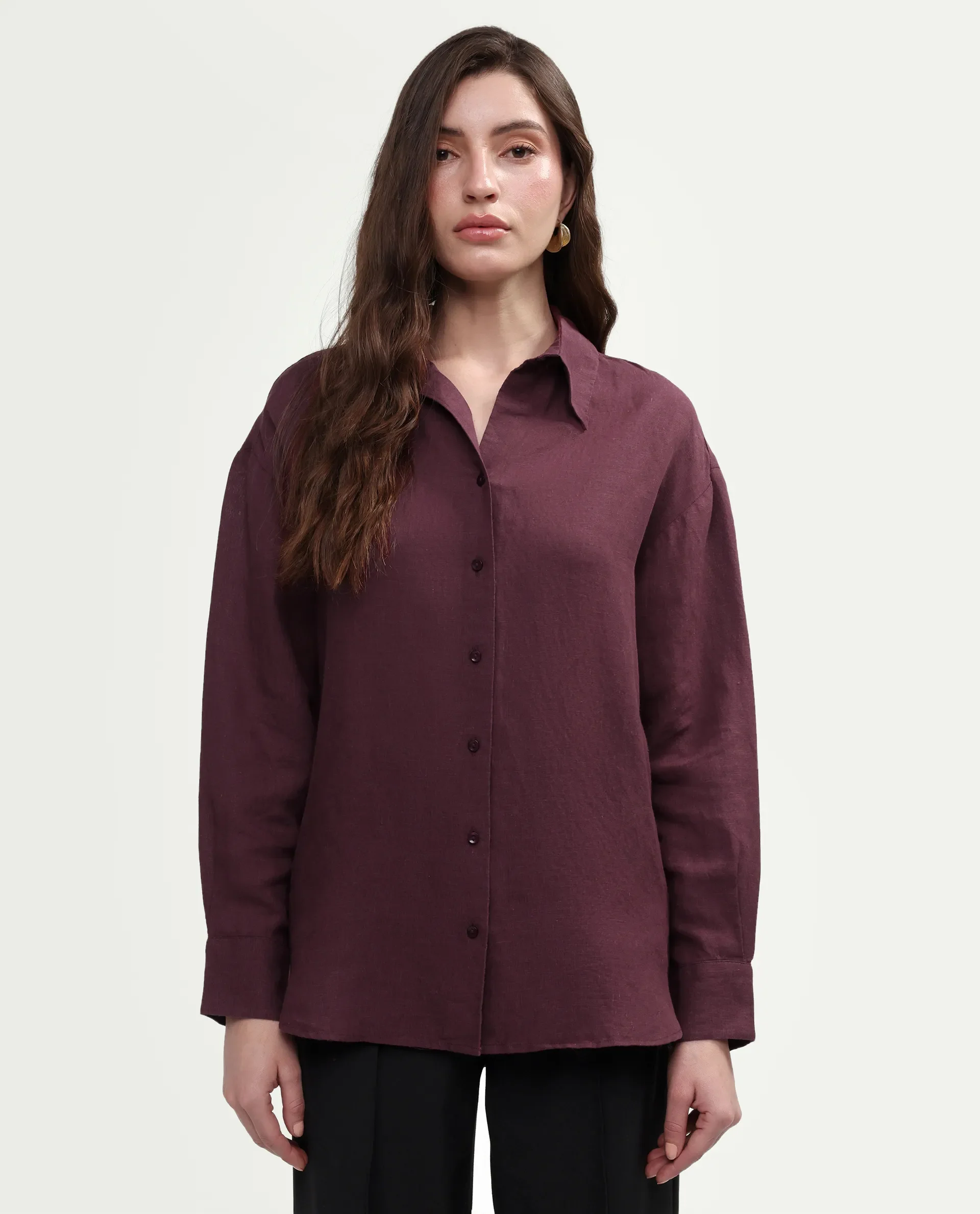 Rareism Women's Uganda Maroon Linen Spread Collar Regular Plain Shirt - Image 3