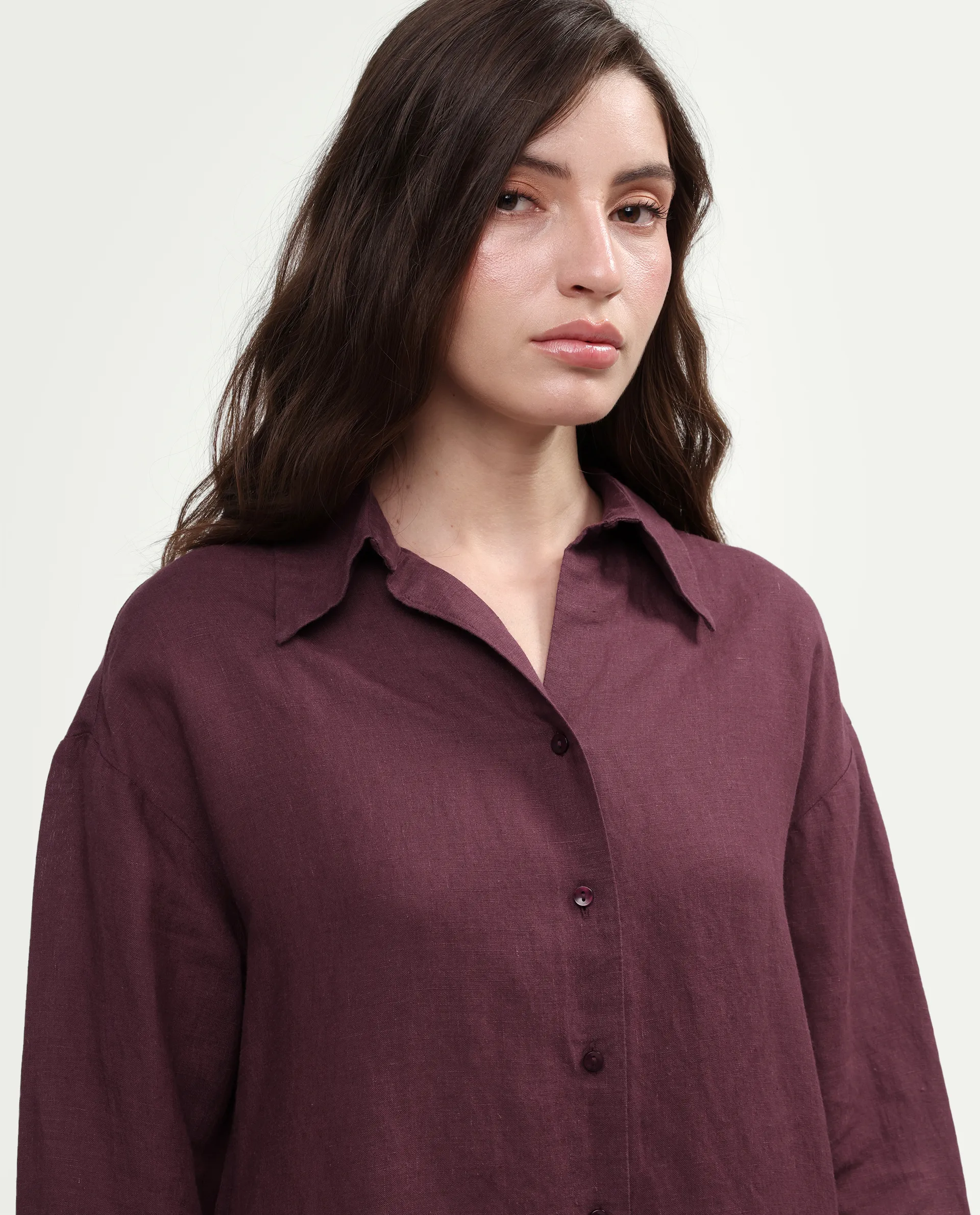 Rareism Women's Uganda Maroon Linen Spread Collar Regular Plain Shirt - Image 4