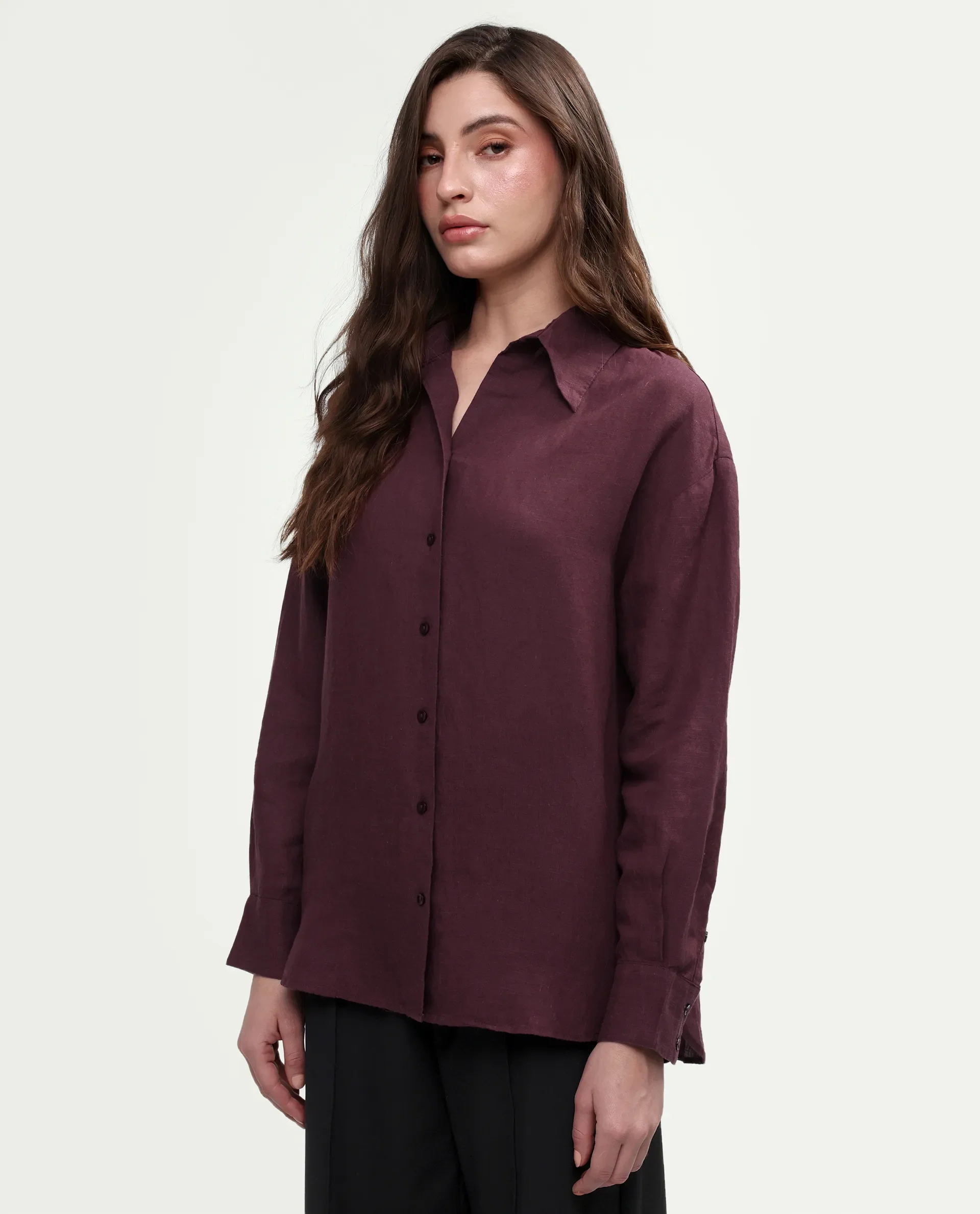 Rareism Women's Uganda Maroon Linen Spread Collar Regular Plain Shirt - Image 5