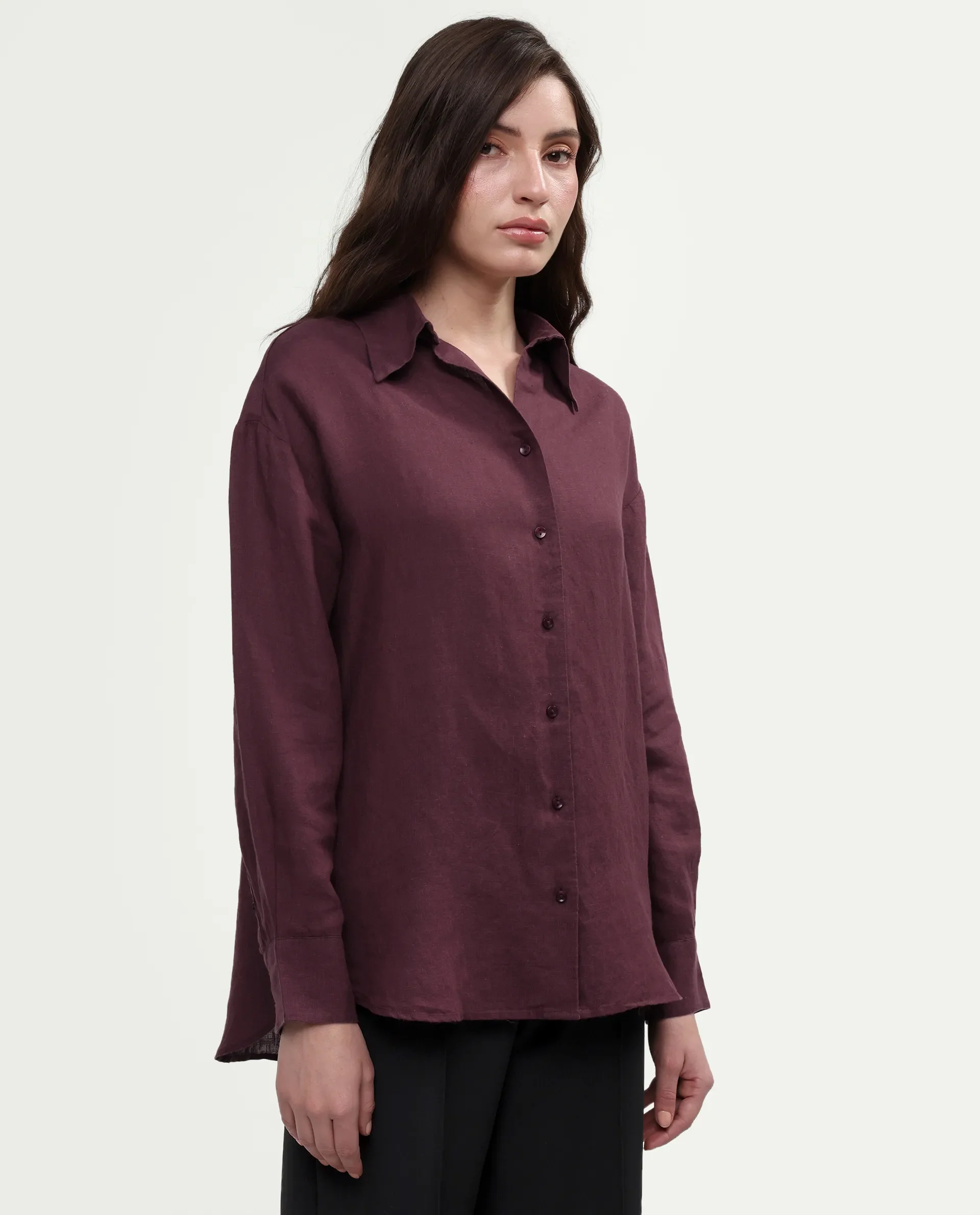 Rareism Women's Uganda Maroon Linen Spread Collar Regular Plain Shirt - Image 6