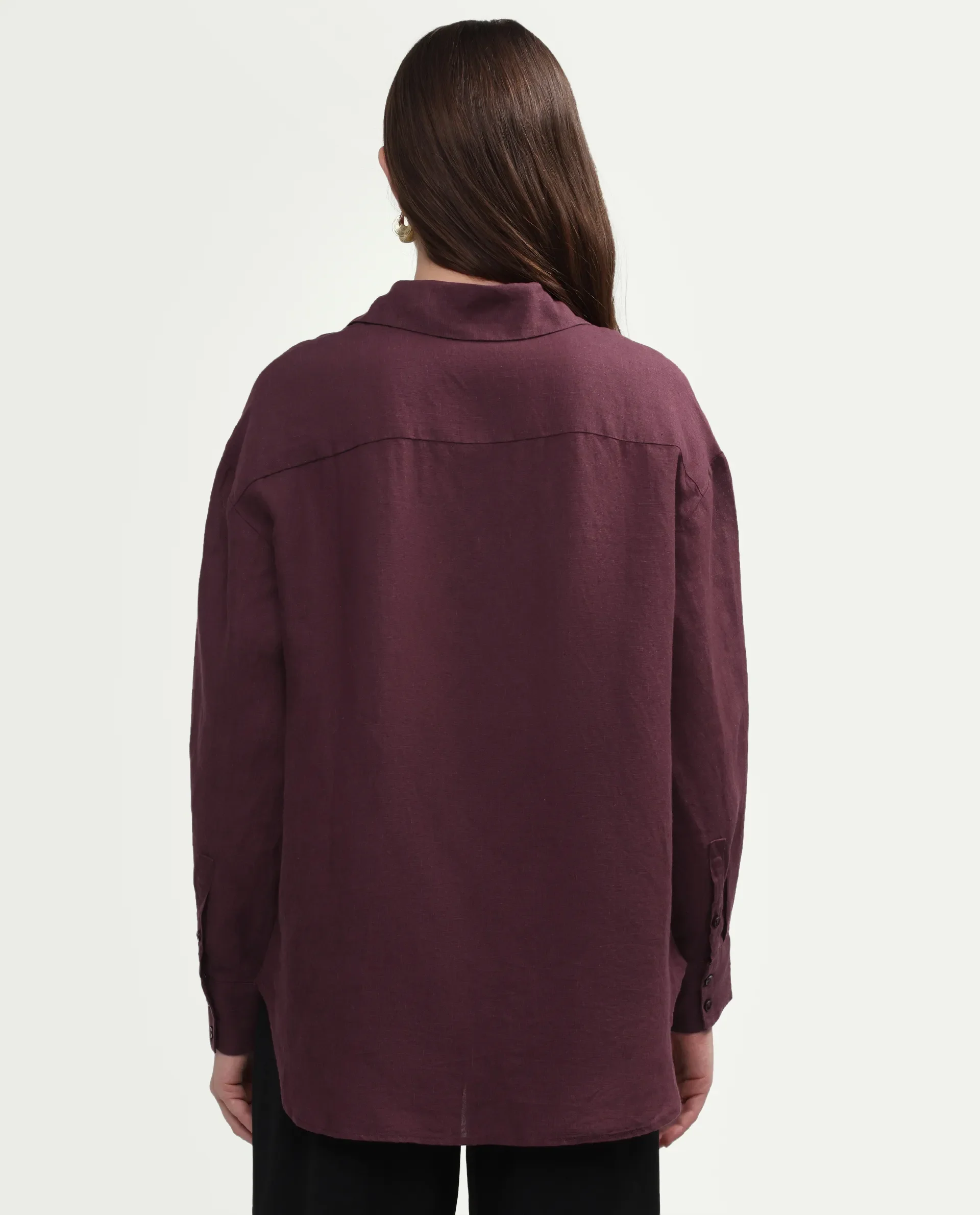 Rareism Women's Uganda Maroon Linen Spread Collar Regular Plain Shirt - Image 7