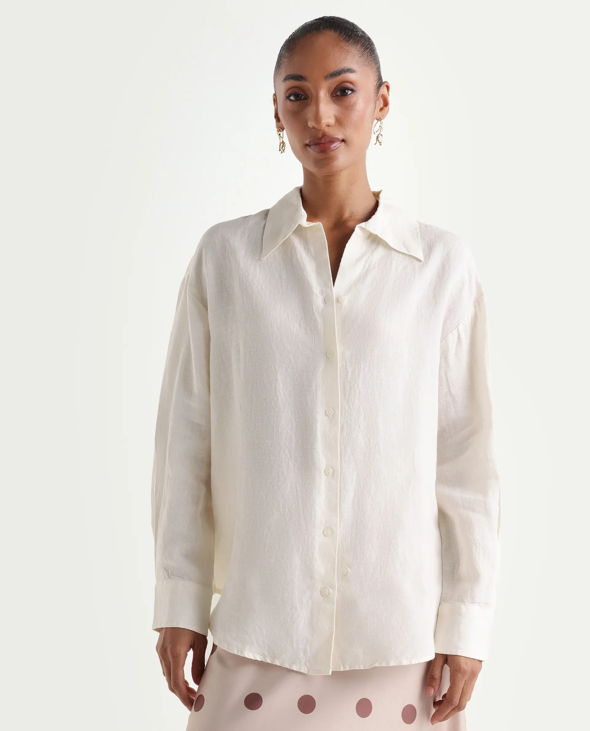 Rareism Women's Uganda White Linen Spread Collar Regular Plain Shirt - Image 3