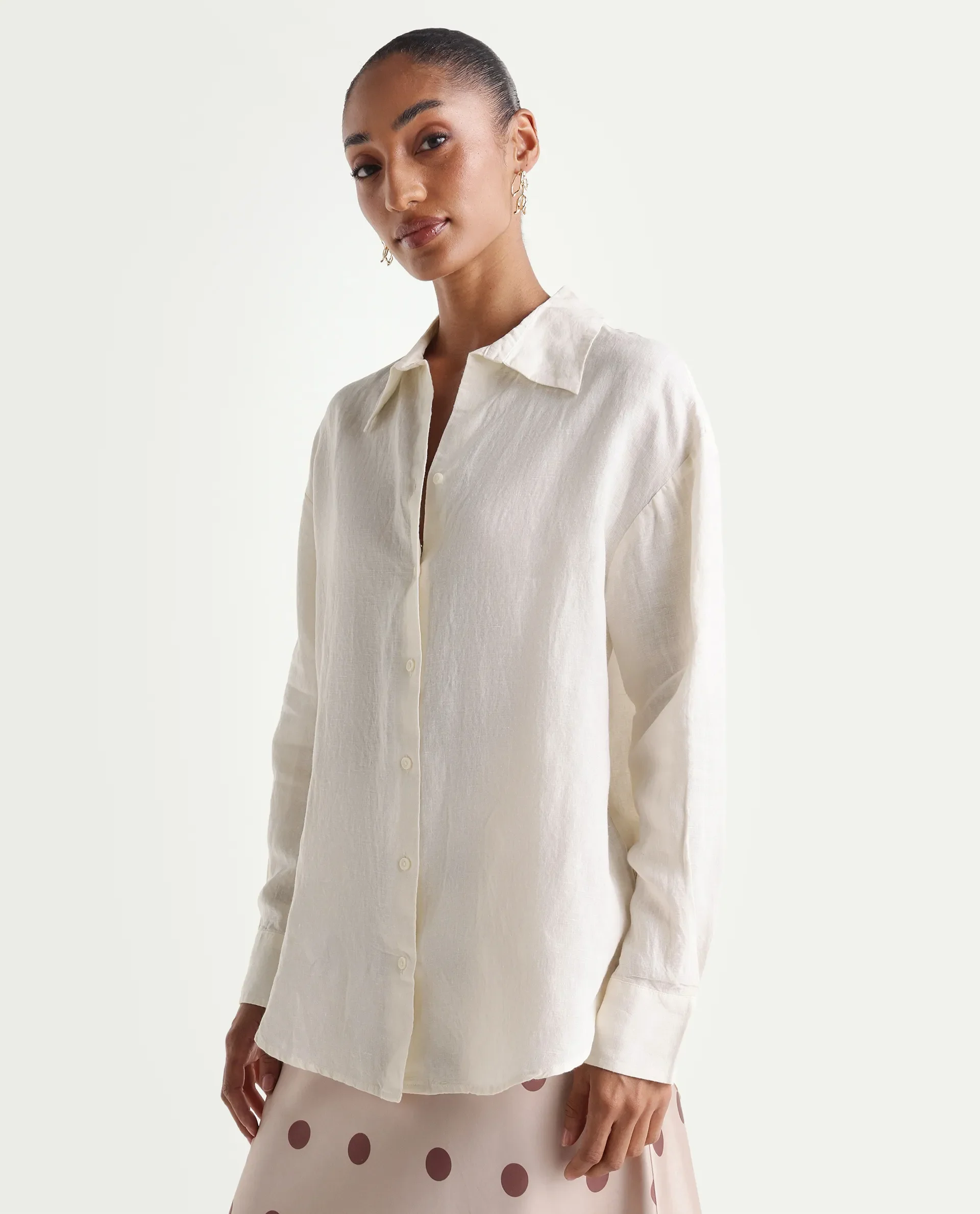 Rareism Women's Uganda White Linen Spread Collar Regular Plain Shirt - Image 4