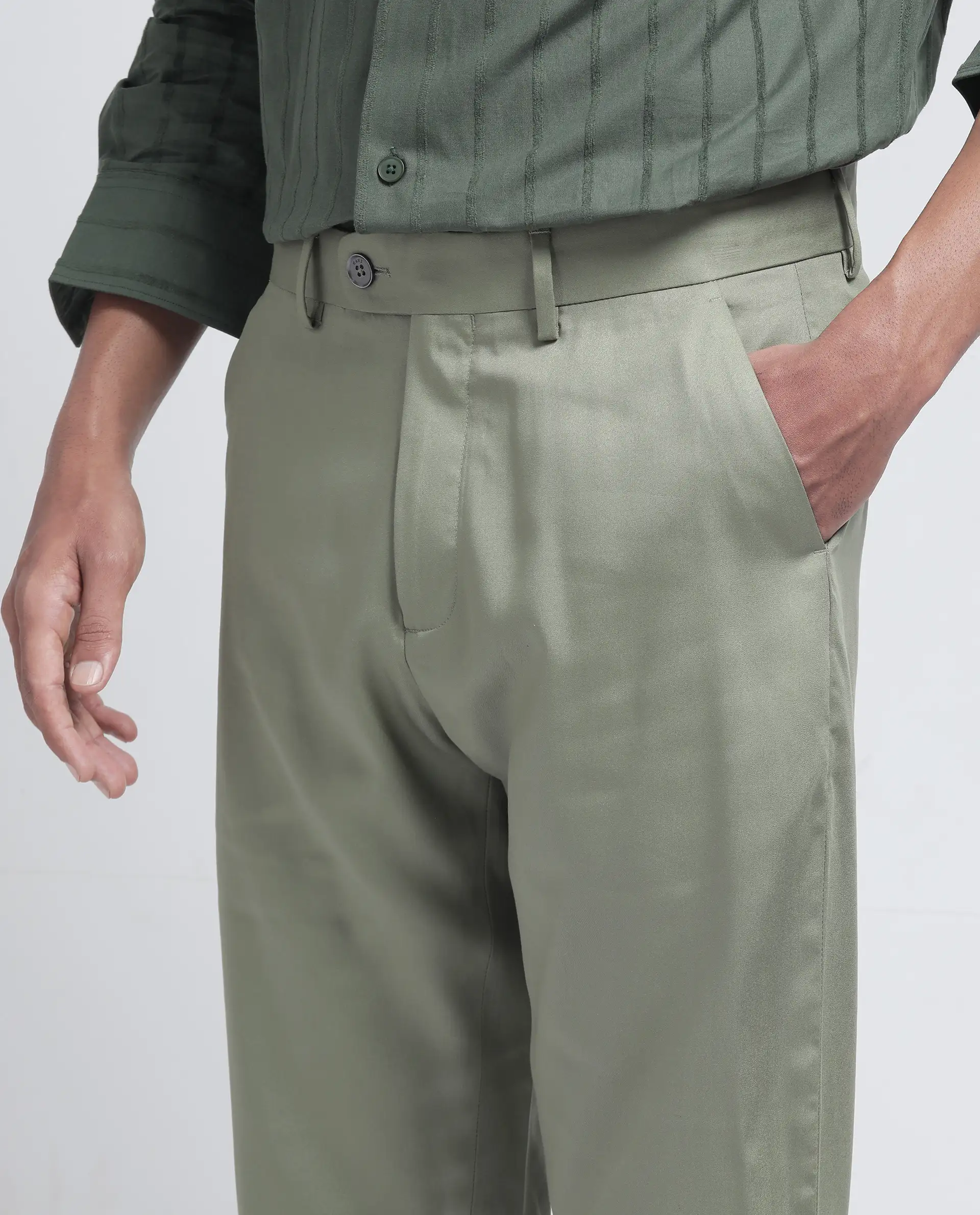 Rare Rabbit Men's Ugo Dusky Green Cotton Blend Plain Regular Fit Trouser - Image 3