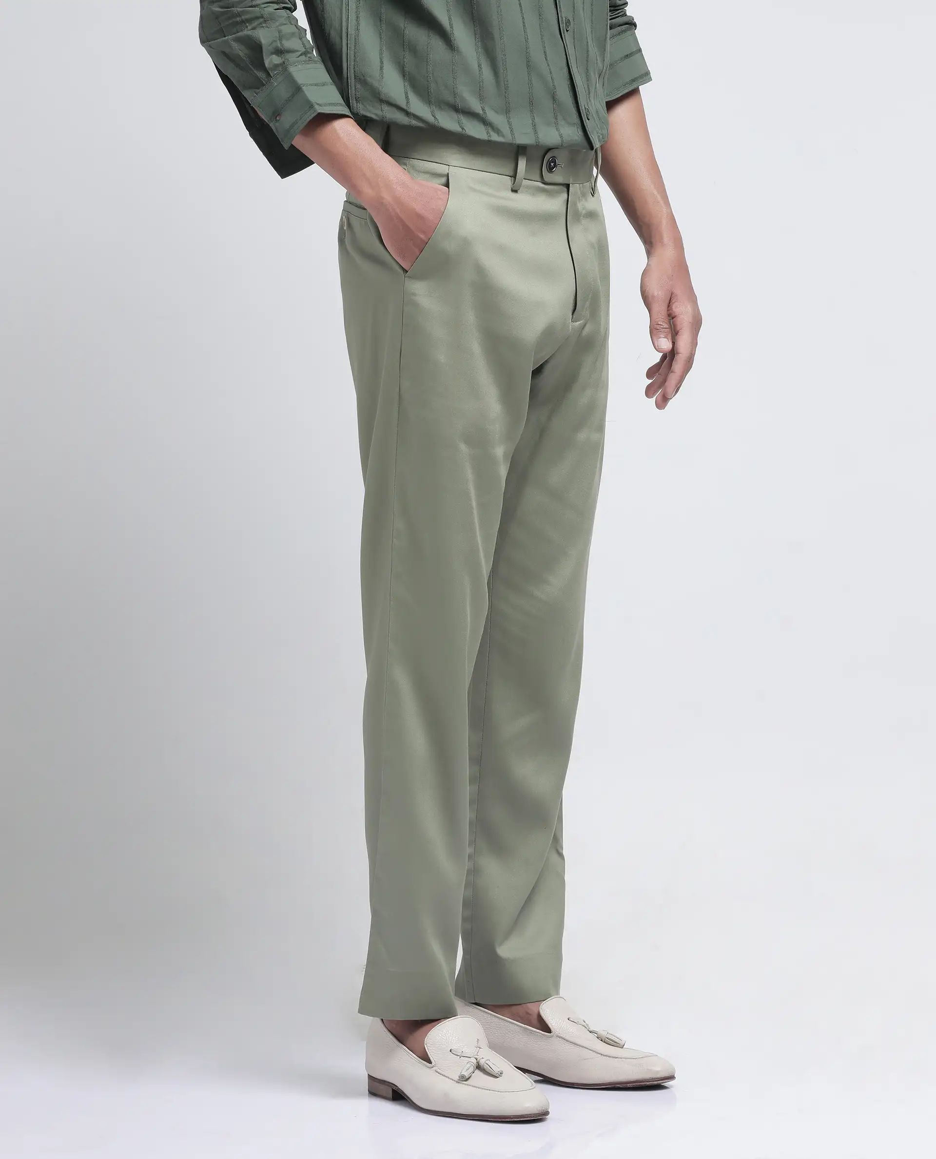 Rare Rabbit Men's Ugo Dusky Green Cotton Blend Plain Regular Fit Trouser - Image 6