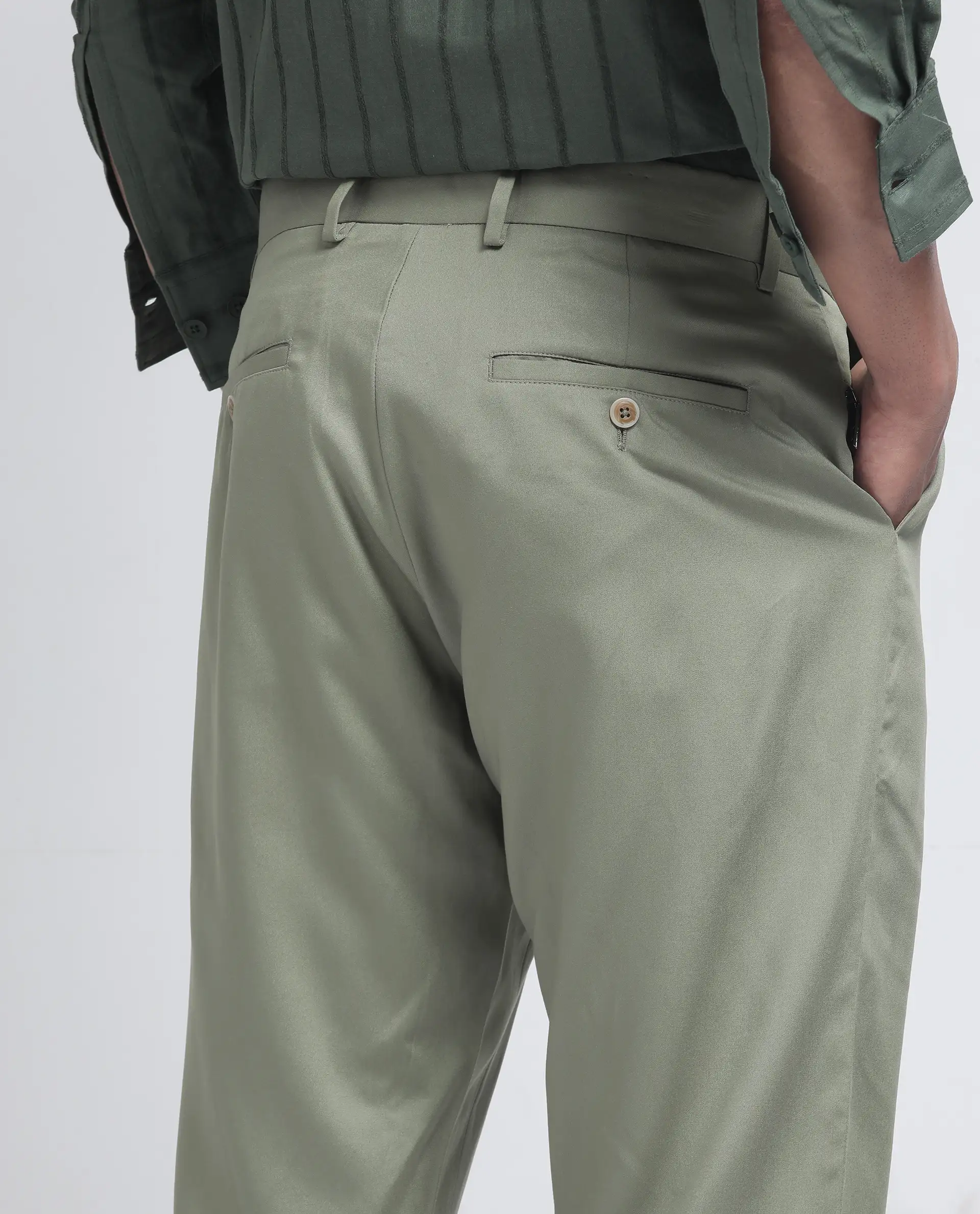 Rare Rabbit Men's Ugo Dusky Green Cotton Blend Plain Regular Fit Trouser - Image 7