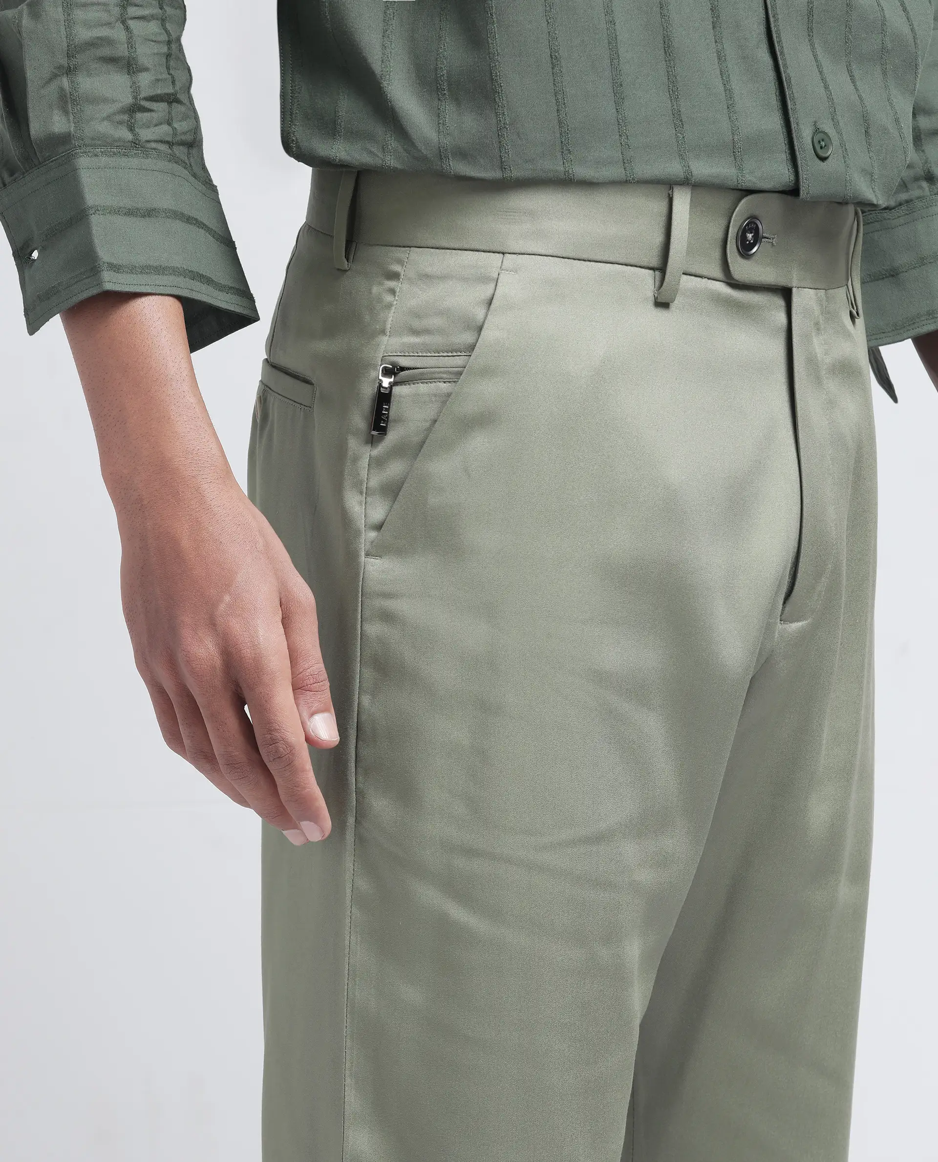 Rare Rabbit Men's Ugo Dusky Green Cotton Blend Plain Regular Fit Trouser - Image 8