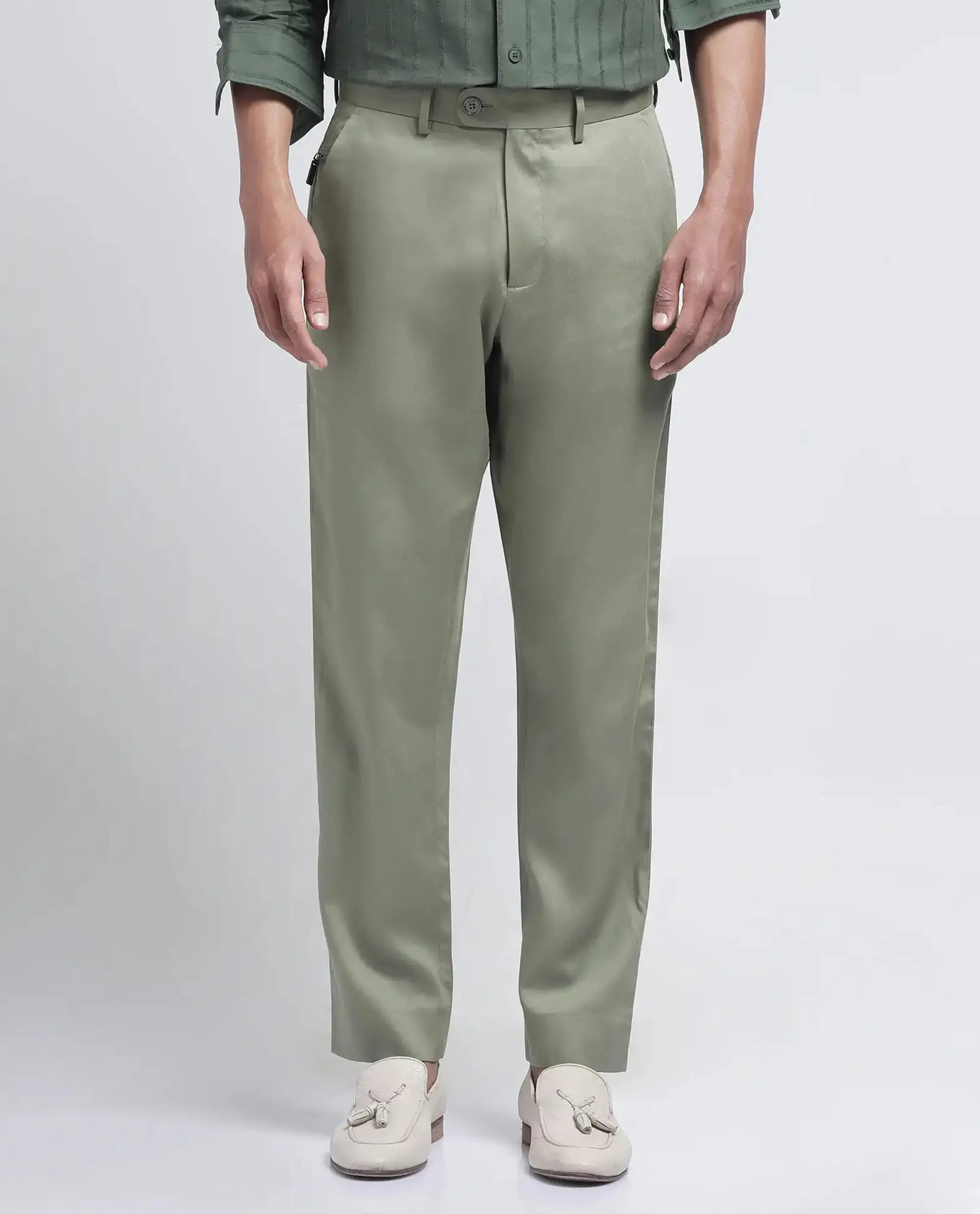 Rare Rabbit Men's Ugo Dusky Green Cotton Blend Plain Regular Fit Trouser - Image 9