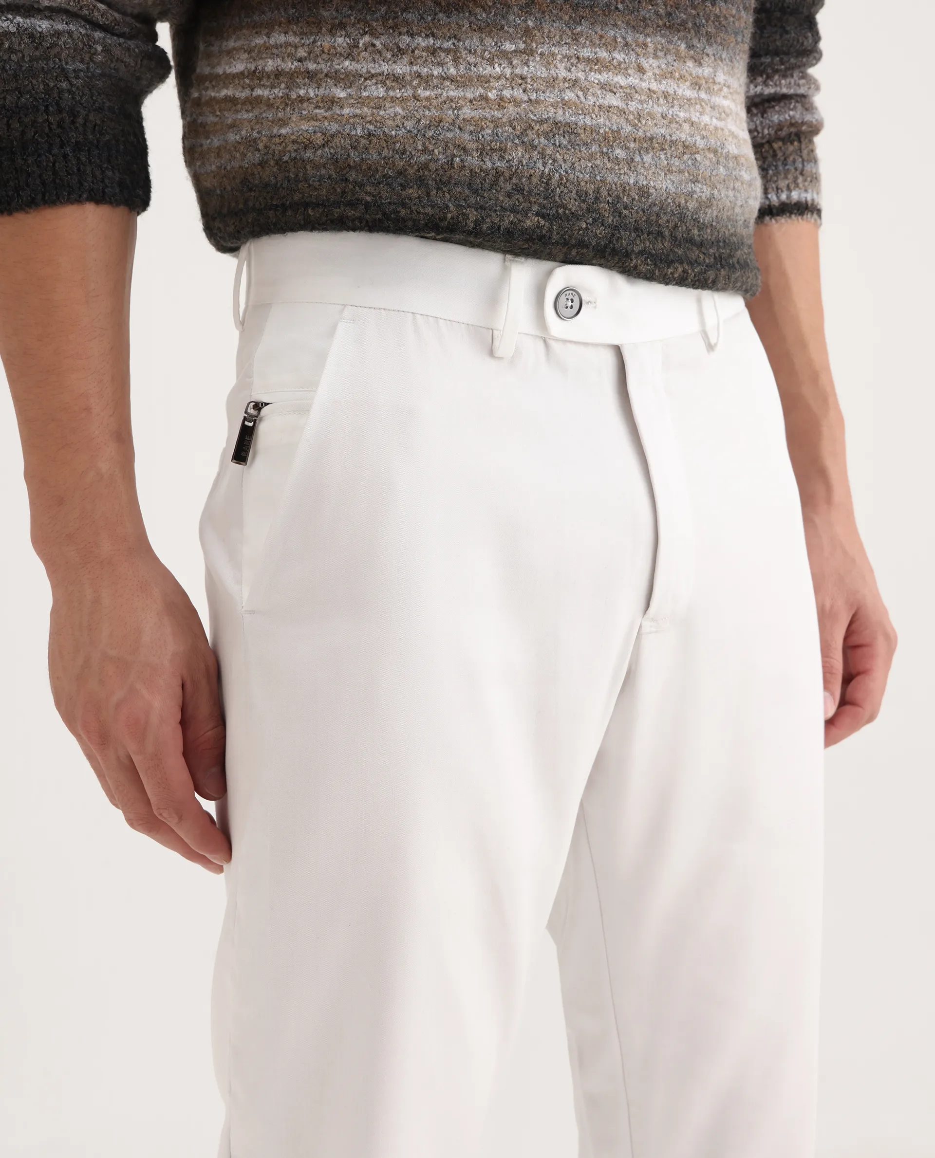 Rare Rabbit Men's Ugo White Cotton Blend Plain Regular Fit Trouser - Image 3