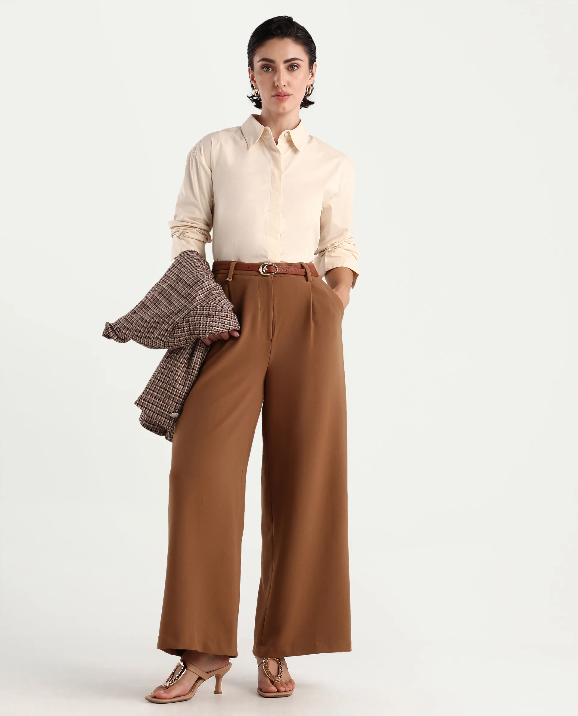 Rareism Women's Uiko Beige Cotton Blend Spread Collar Plain Cuffed Sleeve Regular Fit Shirt