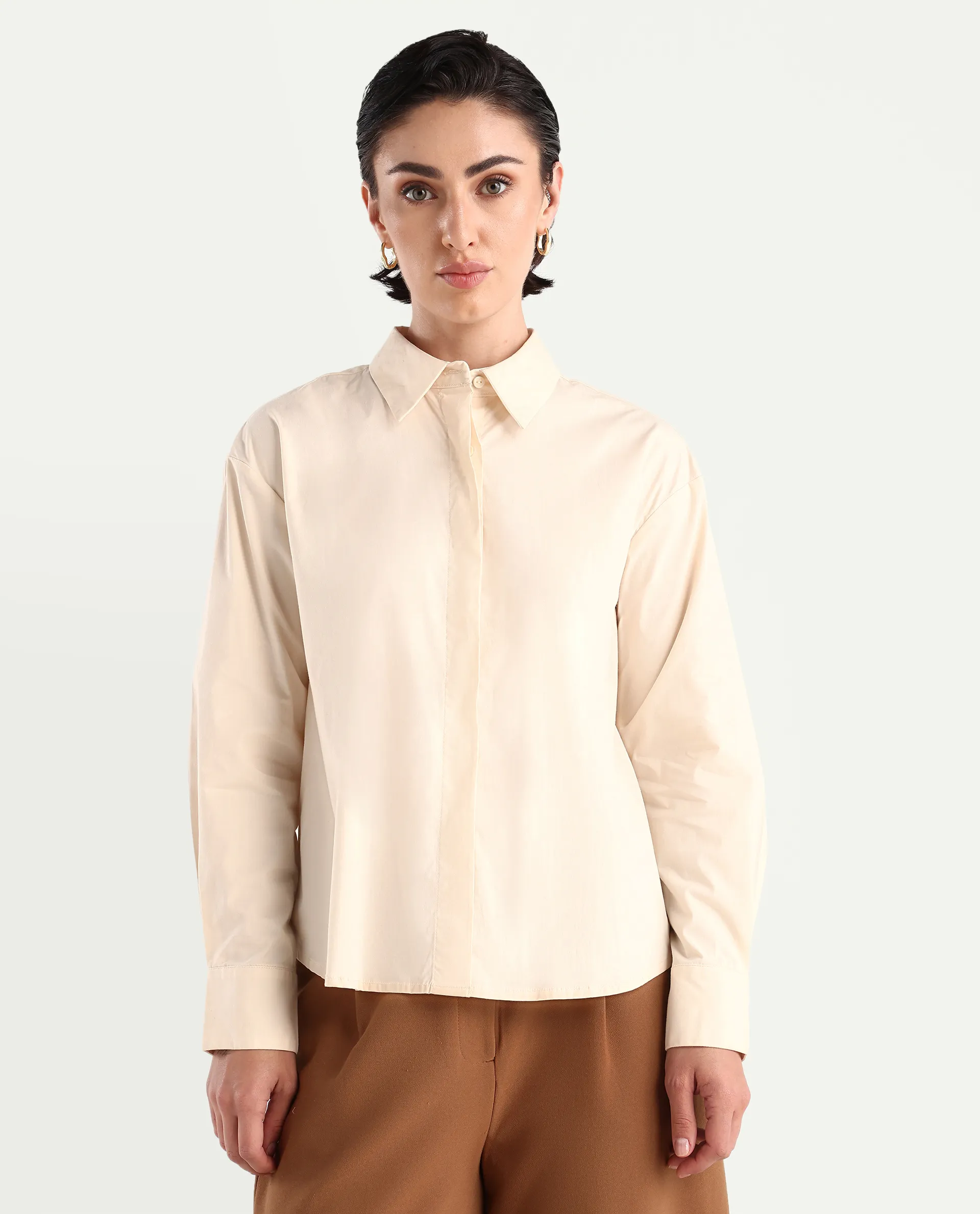Rareism Women's Uiko Beige Cotton Blend Spread Collar Plain Cuffed Sleeve Regular Fit Shirt - Image 3