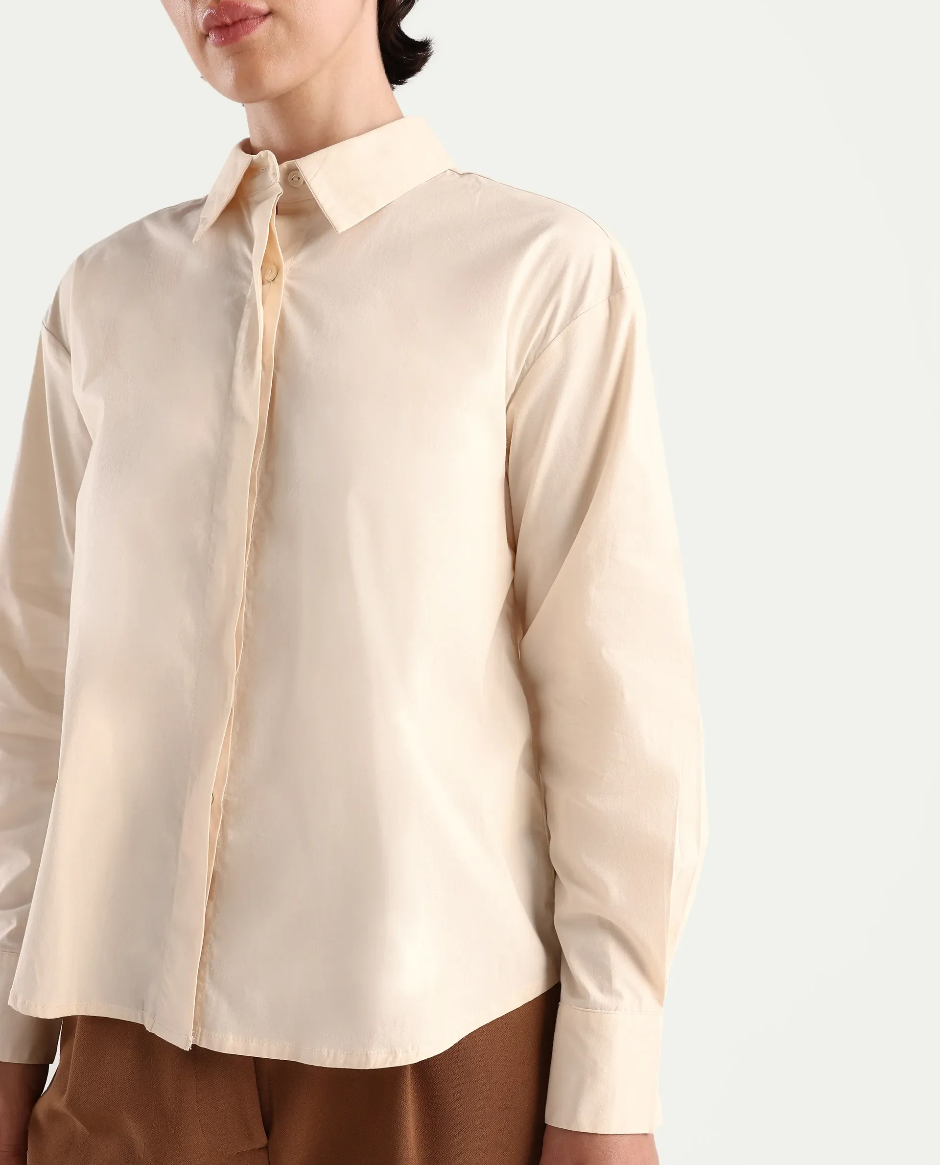 Rareism Women's Uiko Beige Cotton Blend Spread Collar Plain Cuffed Sleeve Regular Fit Shirt - Image 4