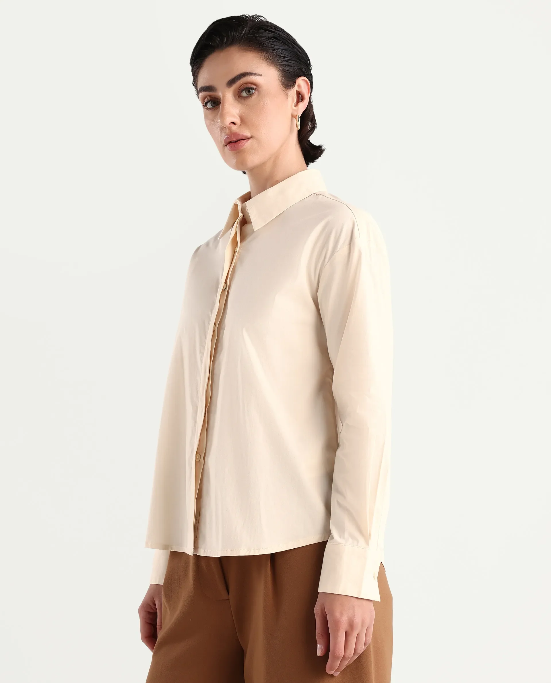 Rareism Women's Uiko Beige Cotton Blend Spread Collar Plain Cuffed Sleeve Regular Fit Shirt - Image 5