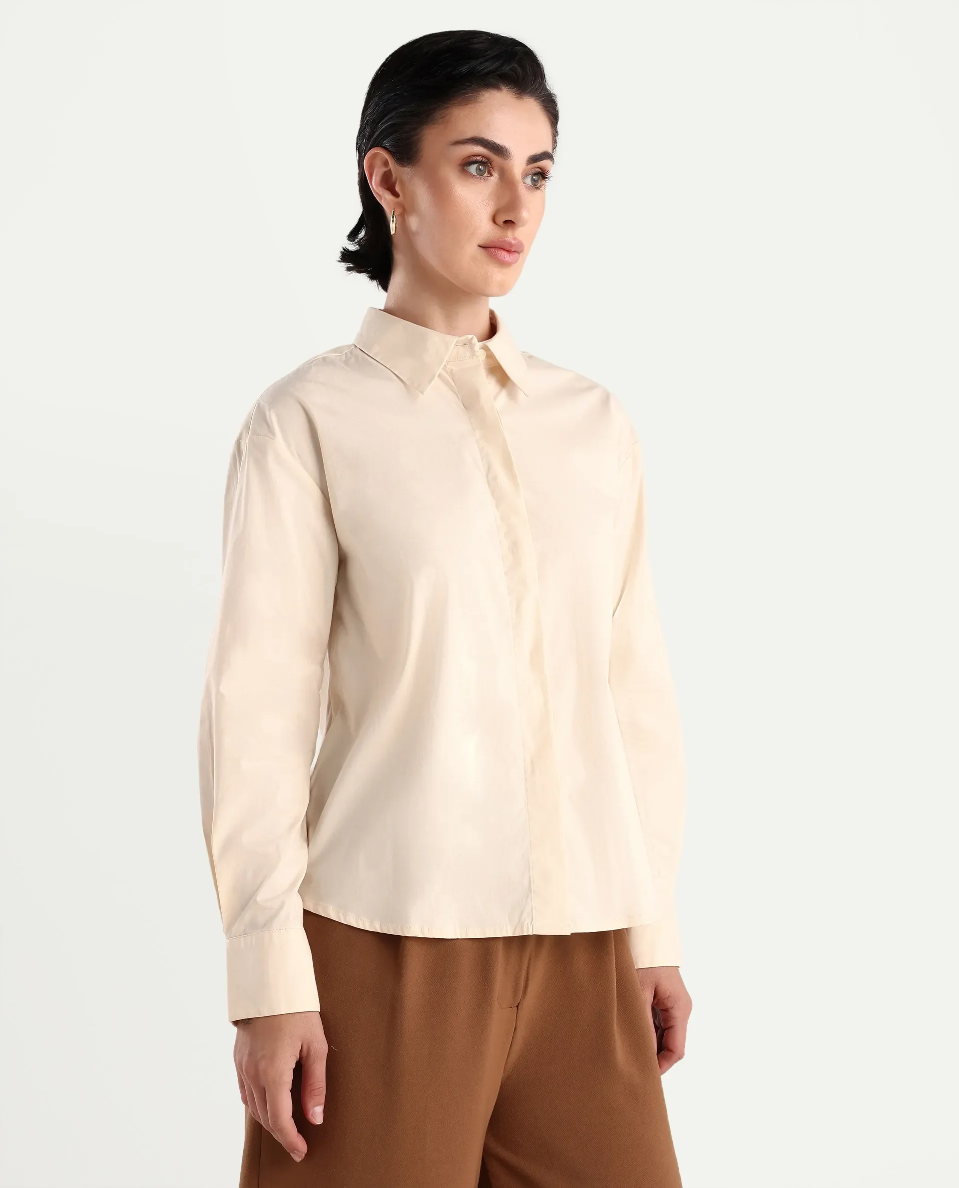 Rareism Women's Uiko Beige Cotton Blend Spread Collar Plain Cuffed Sleeve Regular Fit Shirt - Image 6