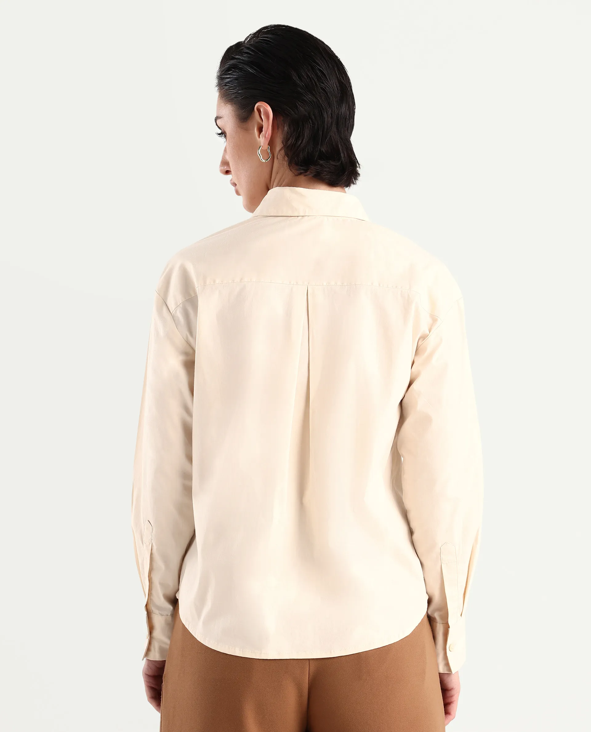 Rareism Women's Uiko Beige Cotton Blend Spread Collar Plain Cuffed Sleeve Regular Fit Shirt - Image 7