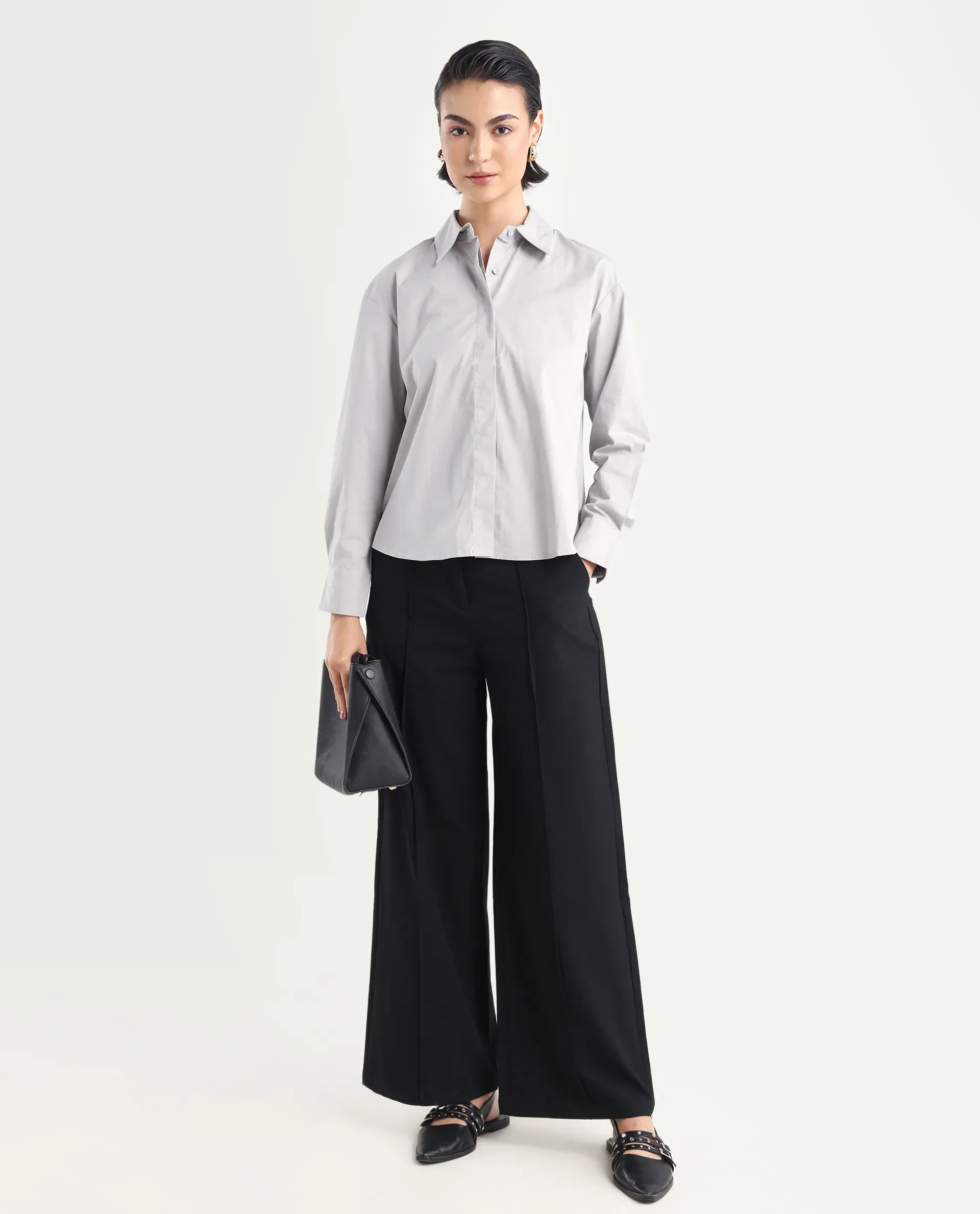 Rareism Women's Uiko Grey Cotton Drop Collar Plain Cuffed Sleeve Regular Fit Shirt - Image 2