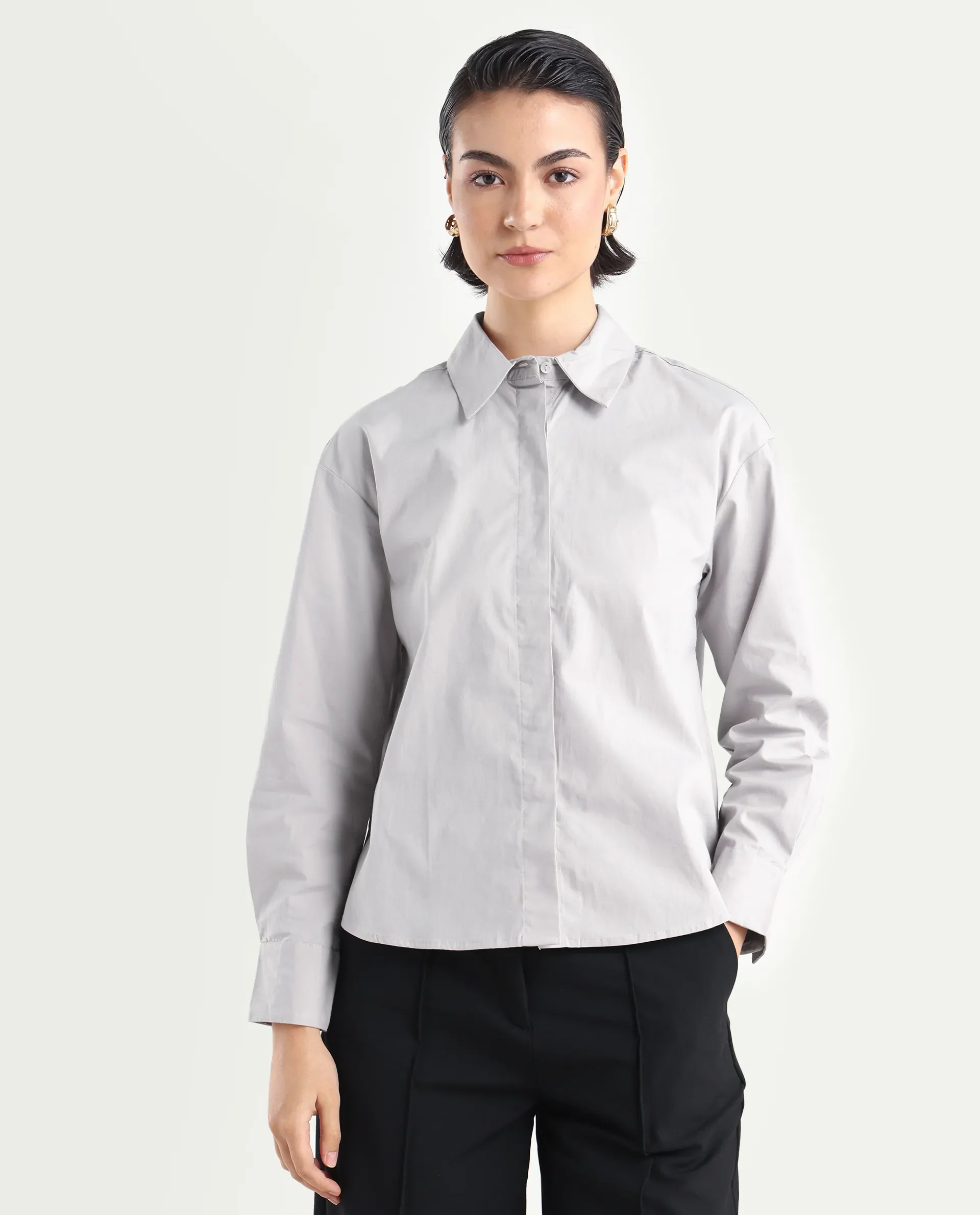 Rareism Women's Uiko Grey Cotton Drop Collar Plain Cuffed Sleeve Regular Fit Shirt - Image 3