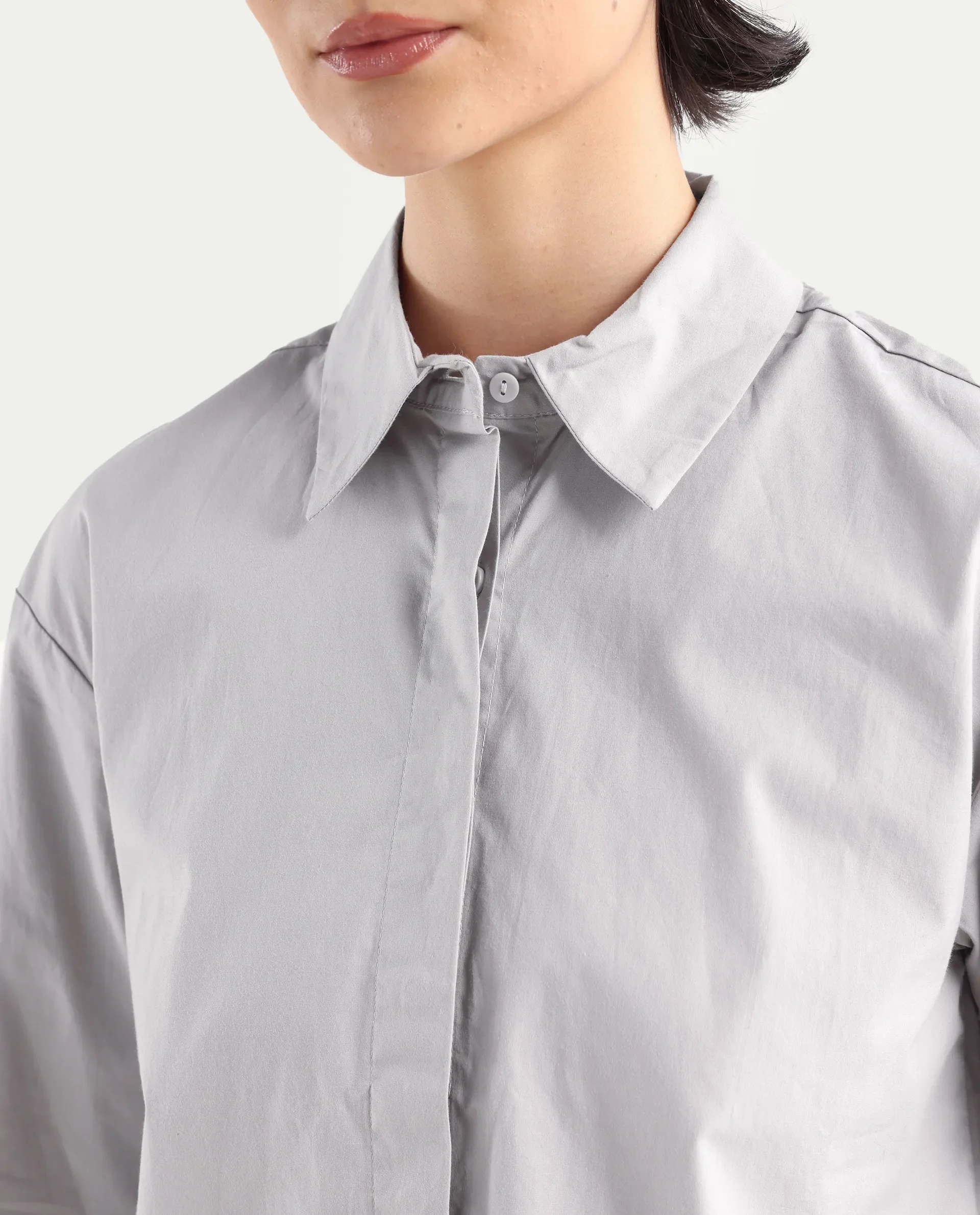 Rareism Women's Uiko Grey Cotton Drop Collar Plain Cuffed Sleeve Regular Fit Shirt - Image 4