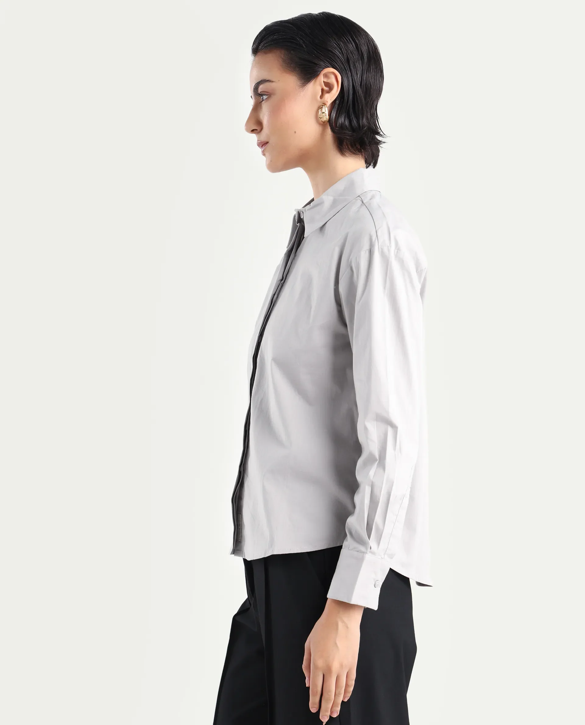 Rareism Women's Uiko Grey Cotton Drop Collar Plain Cuffed Sleeve Regular Fit Shirt - Image 5