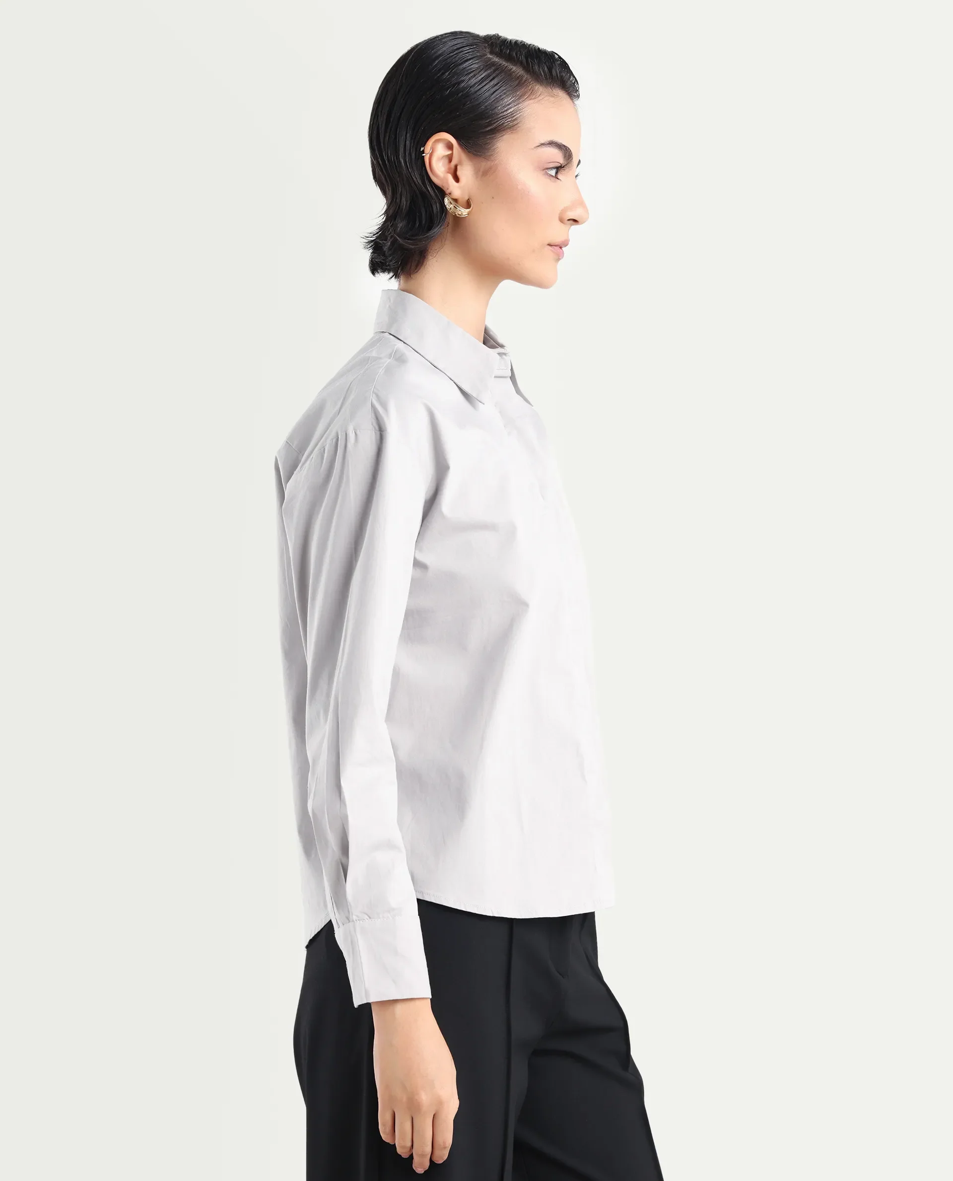 Rareism Women's Uiko Grey Cotton Drop Collar Plain Cuffed Sleeve Regular Fit Shirt - Image 6
