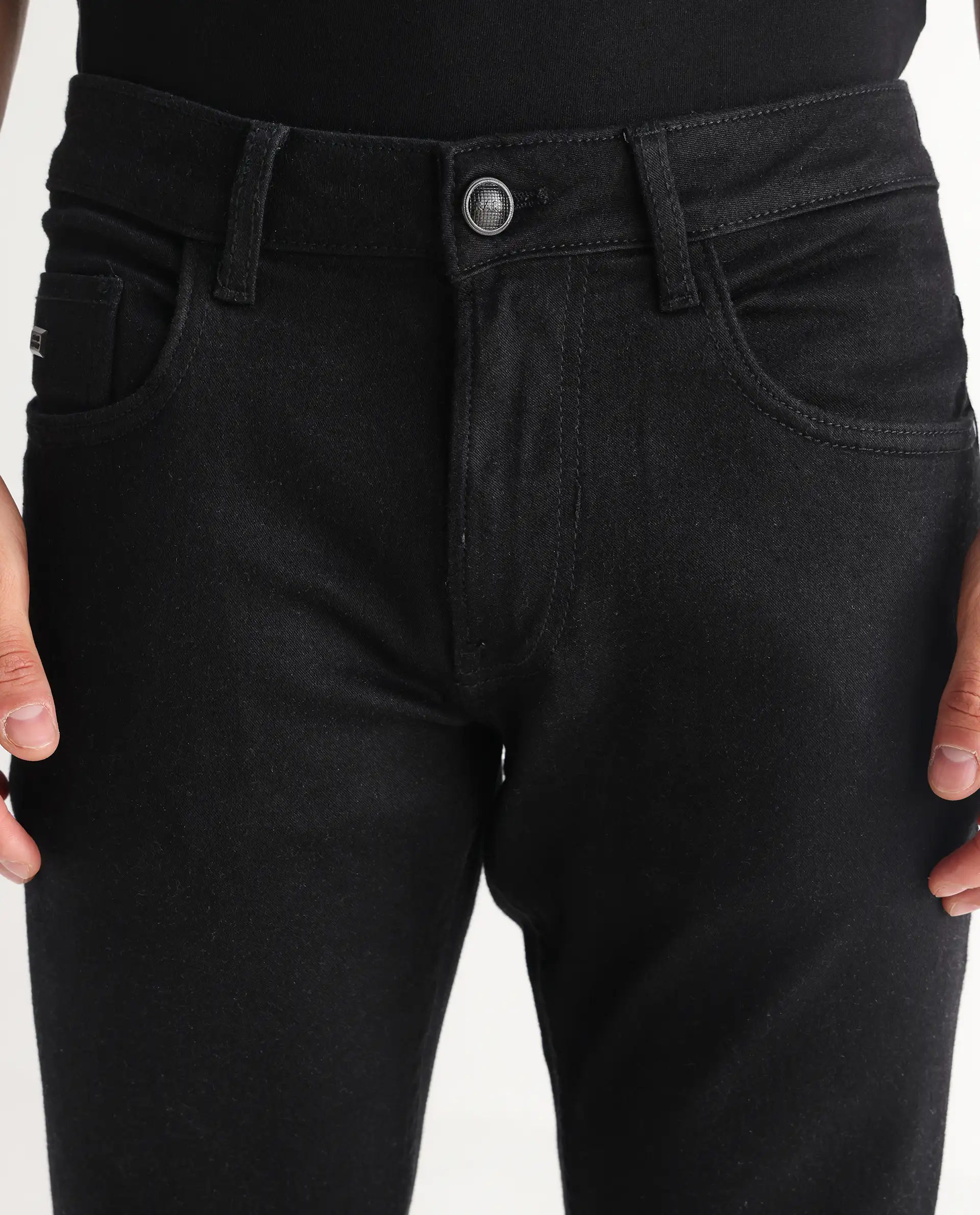 Rare Rabbit Men's Umo Black Cotton Blend Plain Hawk Slim Fit Jeans - Image 3