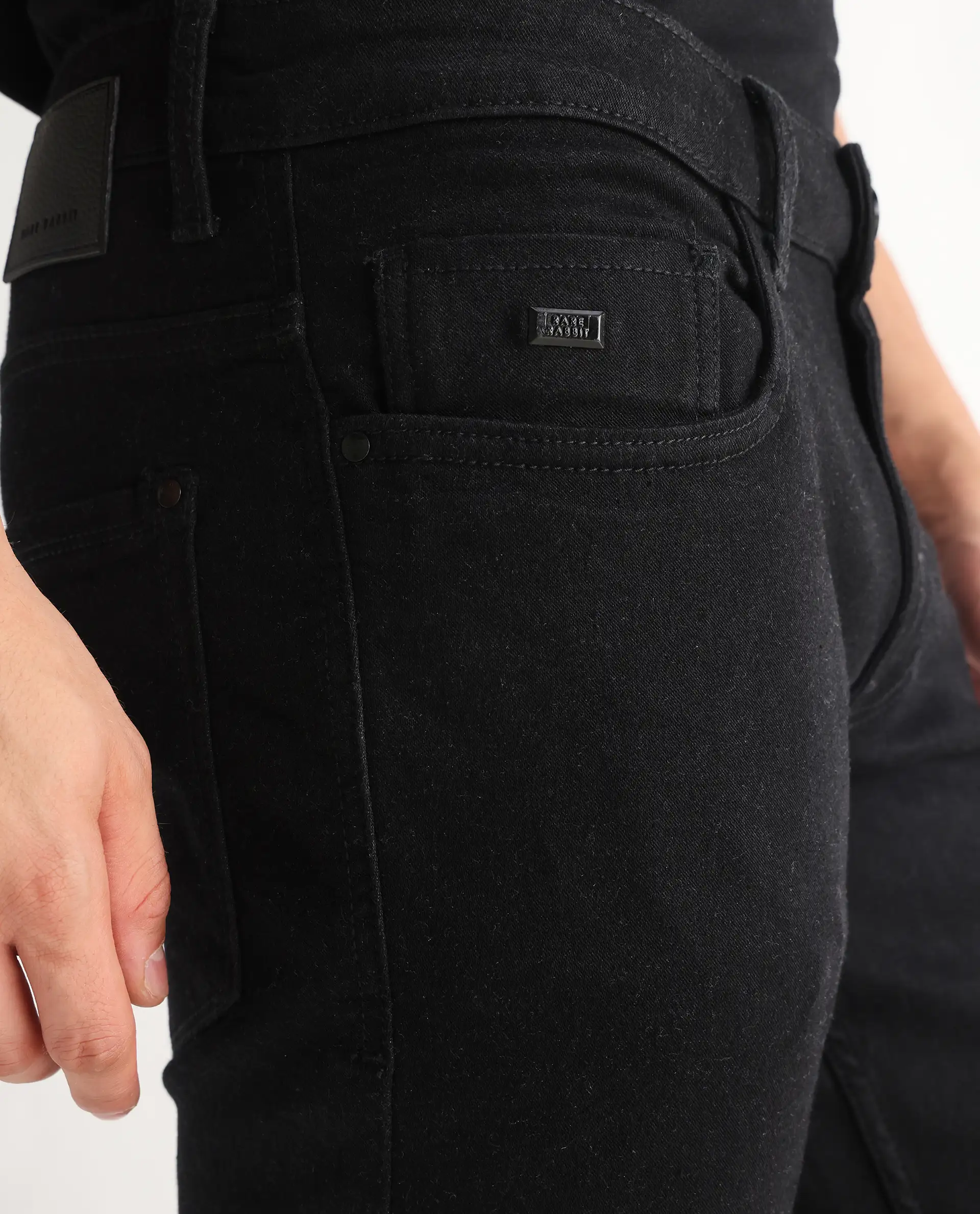 Rare Rabbit Men's Umo Black Cotton Blend Plain Hawk Slim Fit Jeans - Image 6