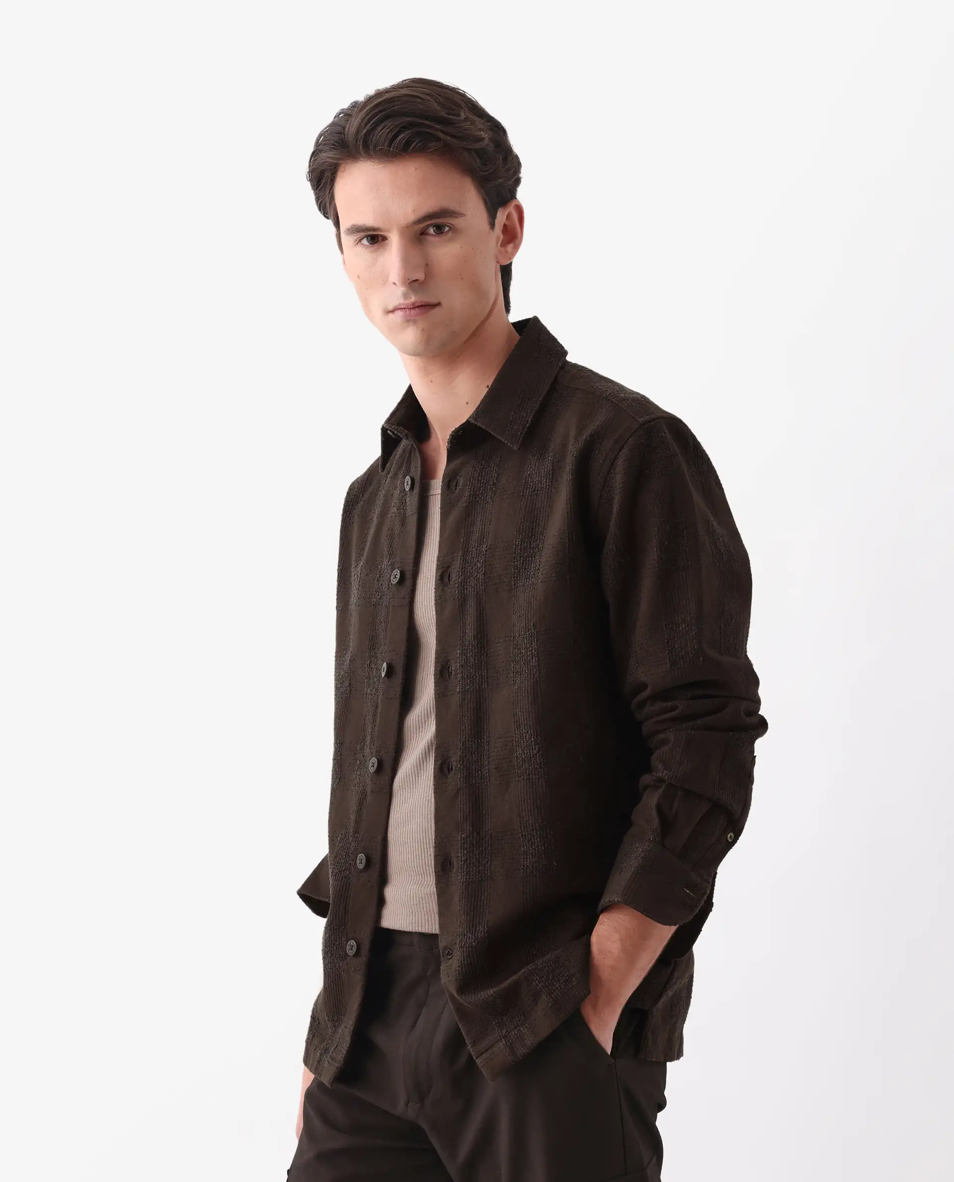 Rare Rabbit Men's Una Brown Cotton Checked Print Regular Fit Full Sleeve Collared Shirt - Image 3