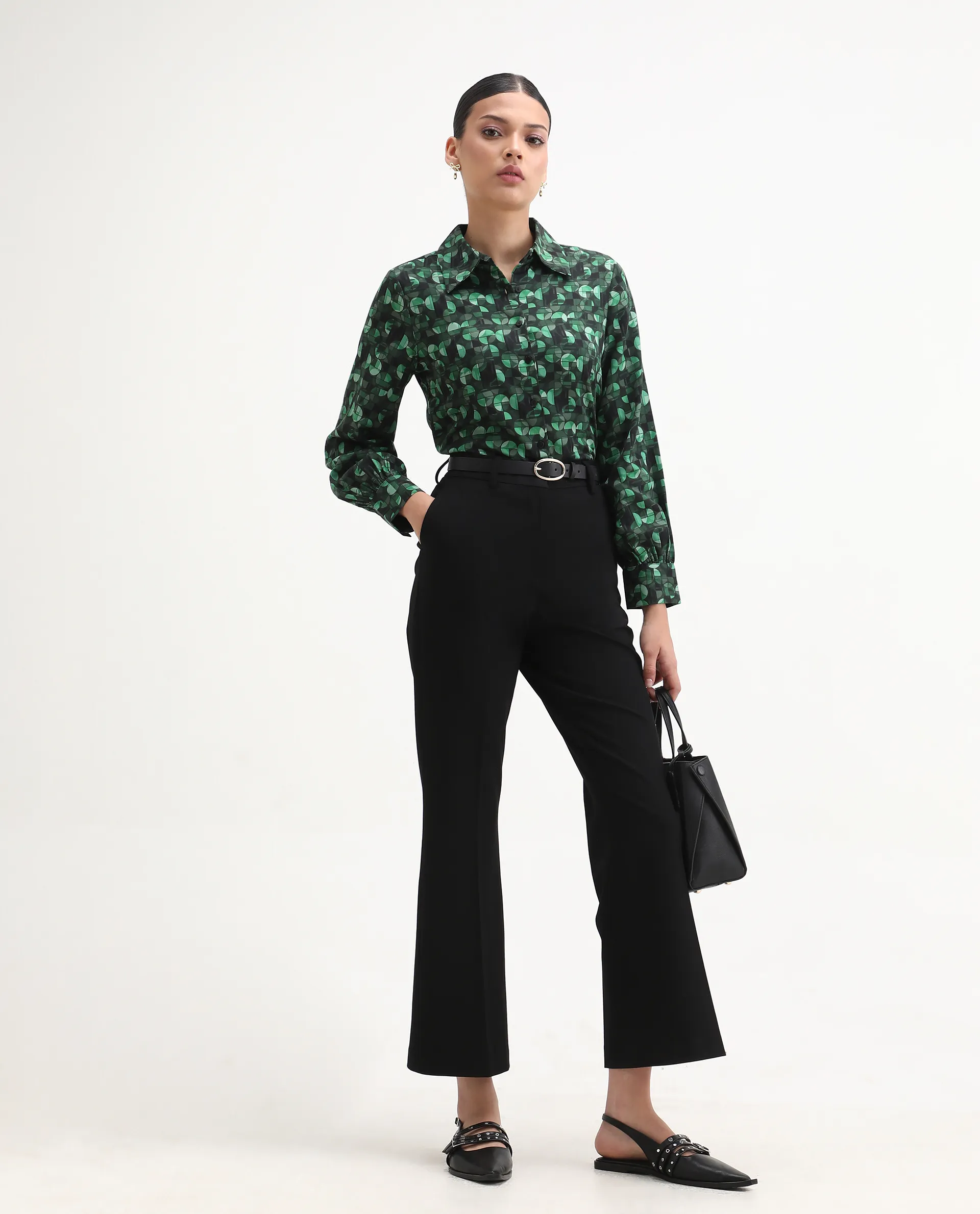 Rareism Women's Unio Dark Green Polyester Drop Collar Geometric Print Cuffed Sleeve Regular Fit Shirt - Image 2