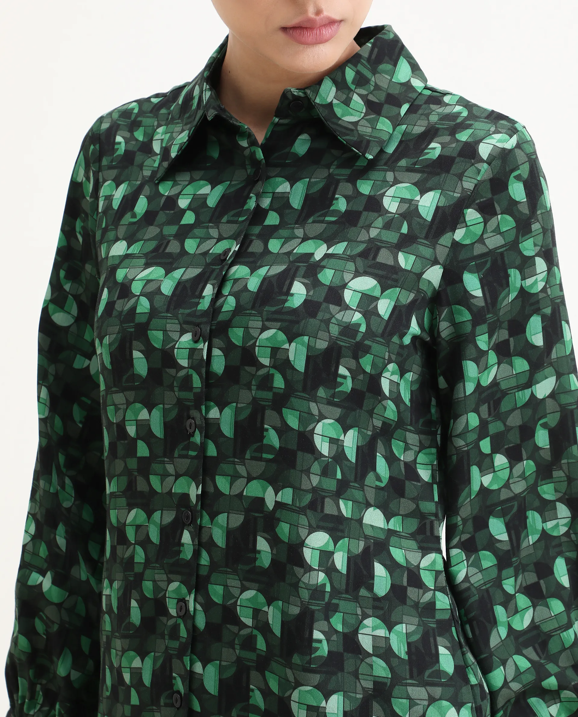 Rareism Women's Unio Dark Green Polyester Drop Collar Geometric Print Cuffed Sleeve Regular Fit Shirt - Image 3