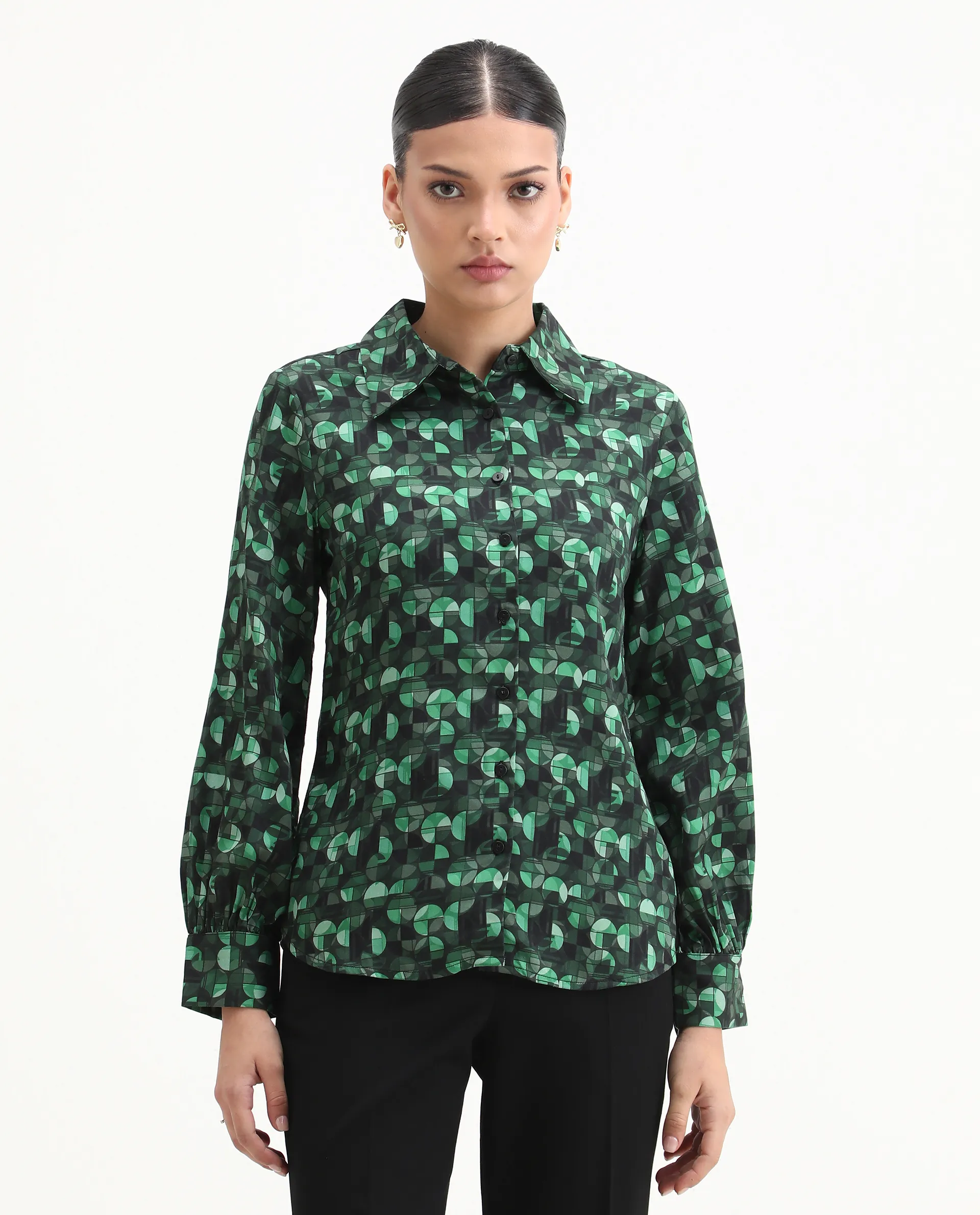 Rareism Women's Unio Dark Green Polyester Drop Collar Geometric Print Cuffed Sleeve Regular Fit Shirt - Image 4