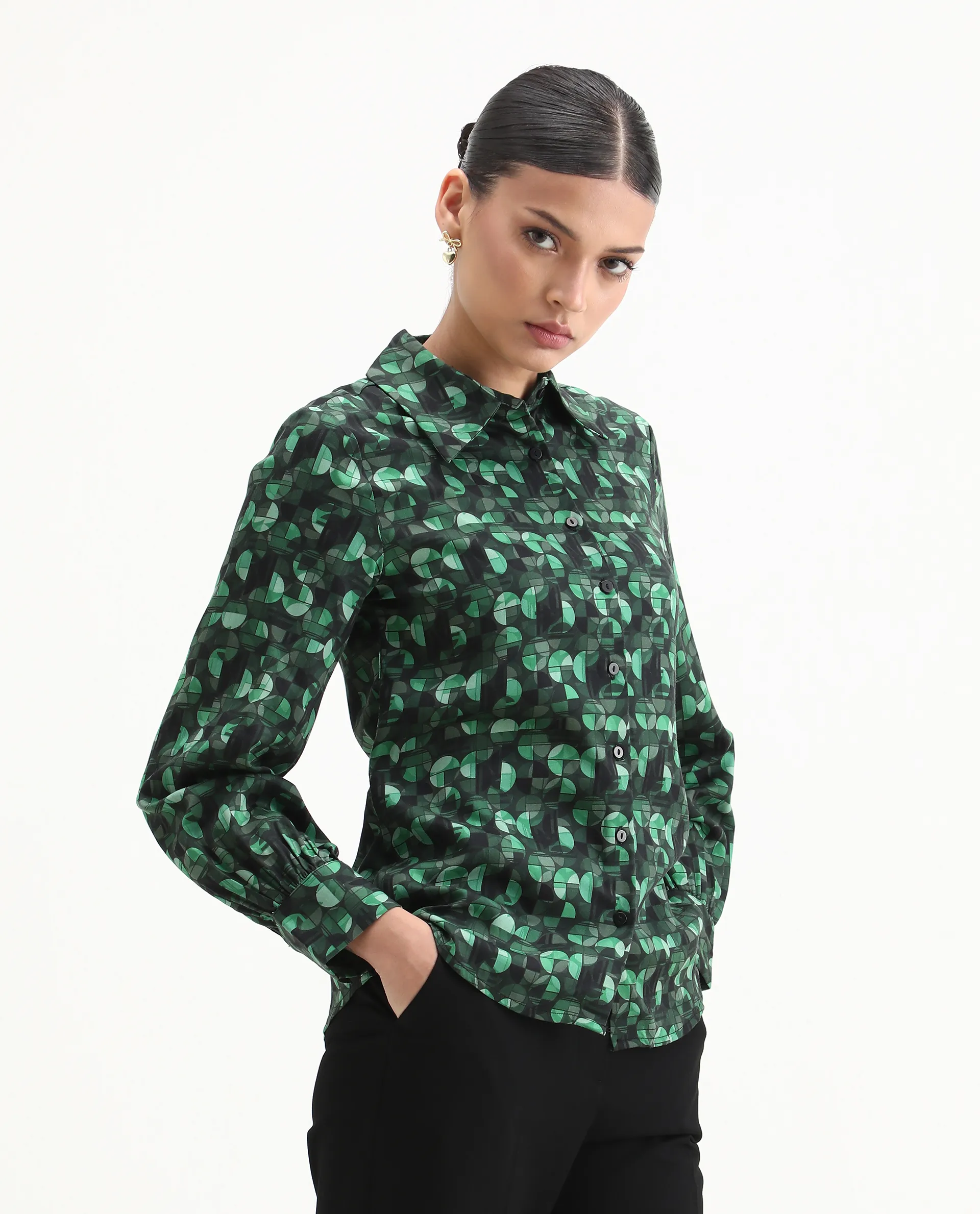 Rareism Women's Unio Dark Green Polyester Drop Collar Geometric Print Cuffed Sleeve Regular Fit Shirt - Image 5