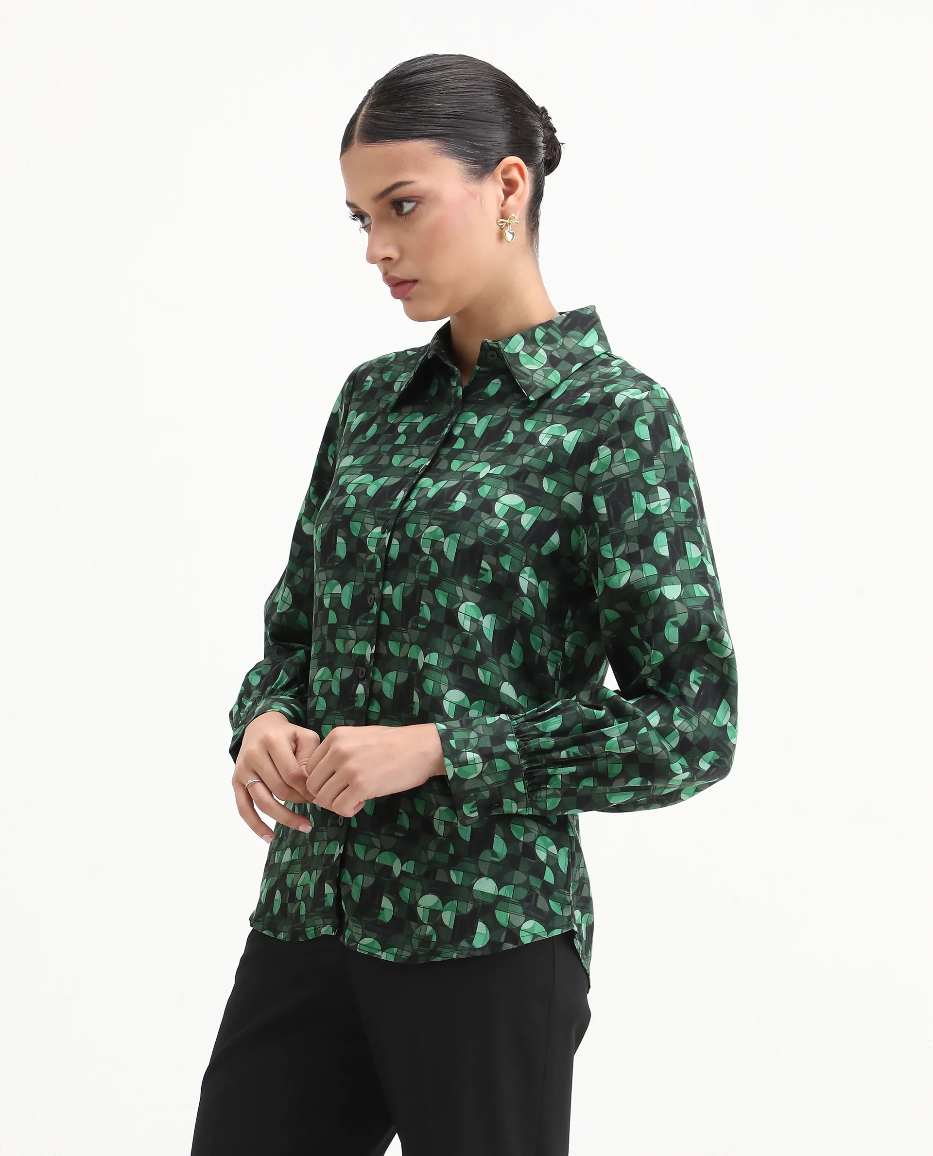 Rareism Women's Unio Dark Green Polyester Drop Collar Geometric Print Cuffed Sleeve Regular Fit Shirt - Image 6