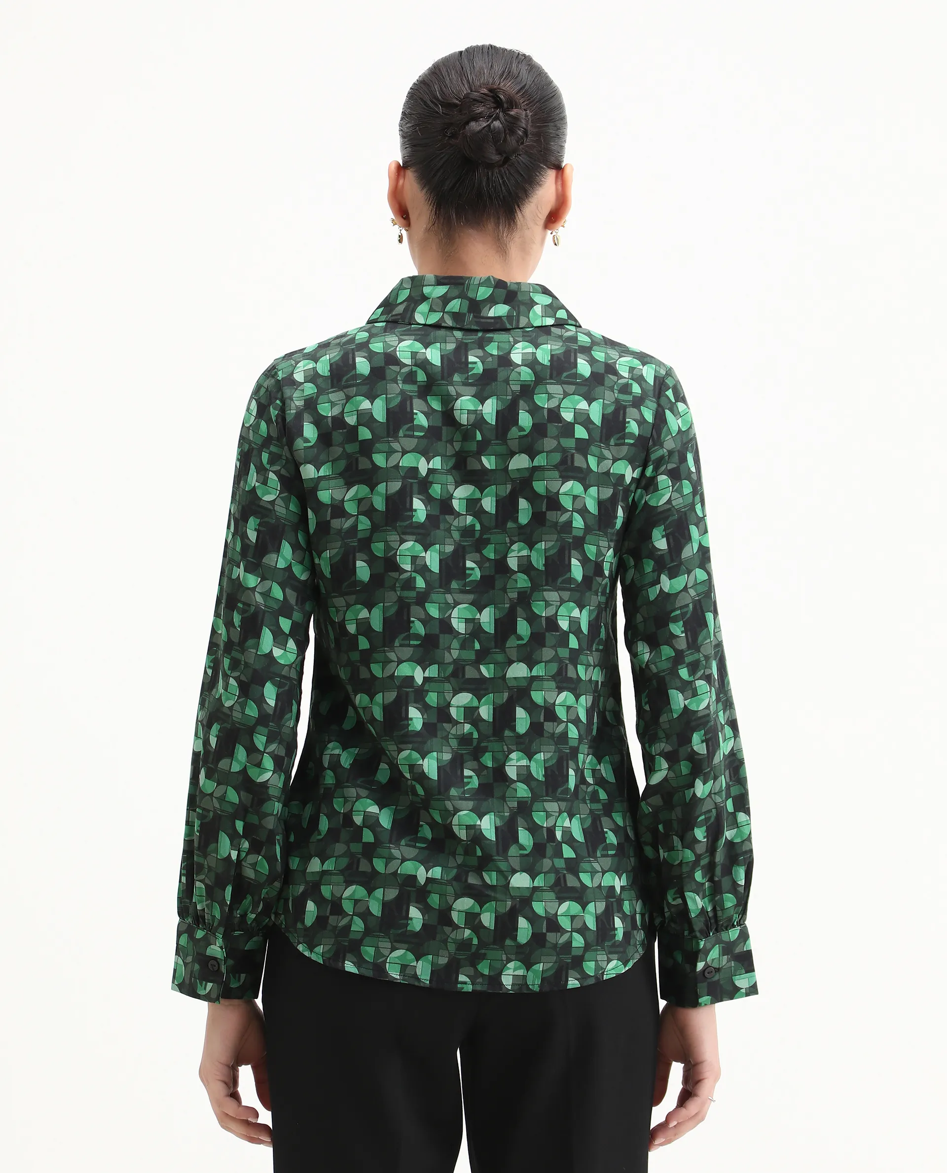 Rareism Women's Unio Dark Green Polyester Drop Collar Geometric Print Cuffed Sleeve Regular Fit Shirt - Image 7