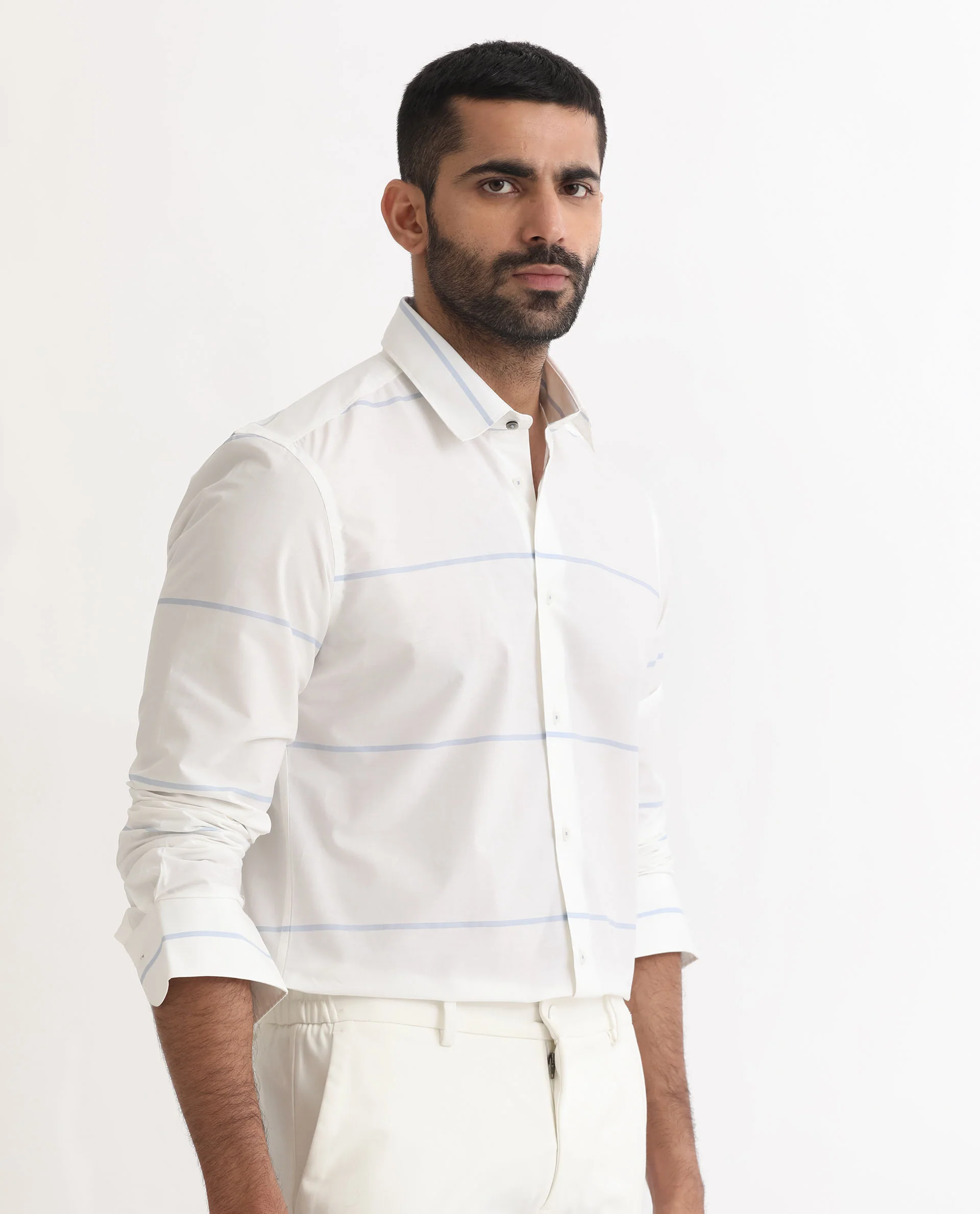 Rare Rabbit Men's Unios- White Cotton Striped Print Regular Fit Full Sleeve Collared Shirt - Image 3