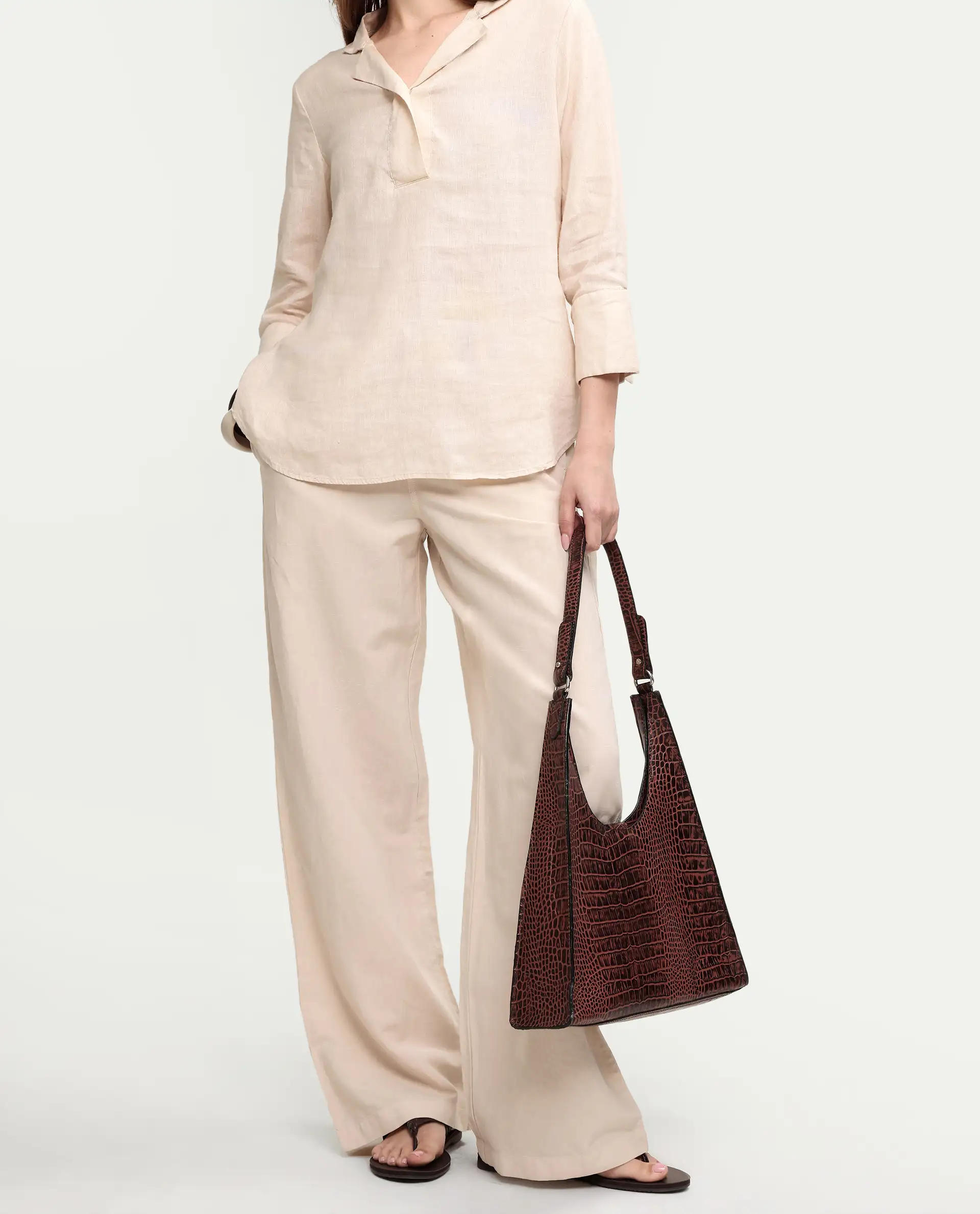 Rareism Women's Uniq Beige Linen Blend Fabric Straight Plain Trouser - Image 2