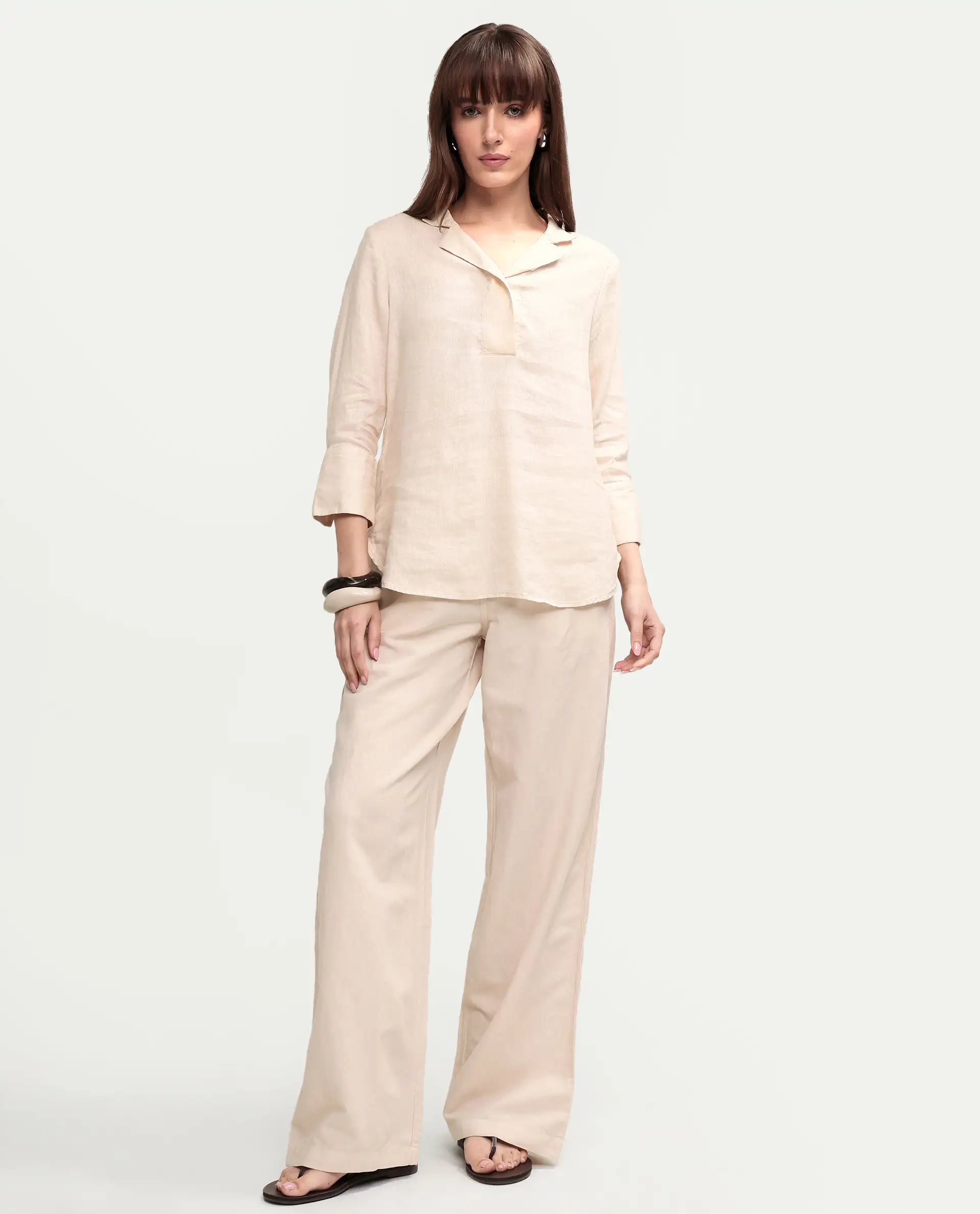 Rareism Women's Uniq Beige Linen Blend Fabric Straight Plain Trouser - Image 3