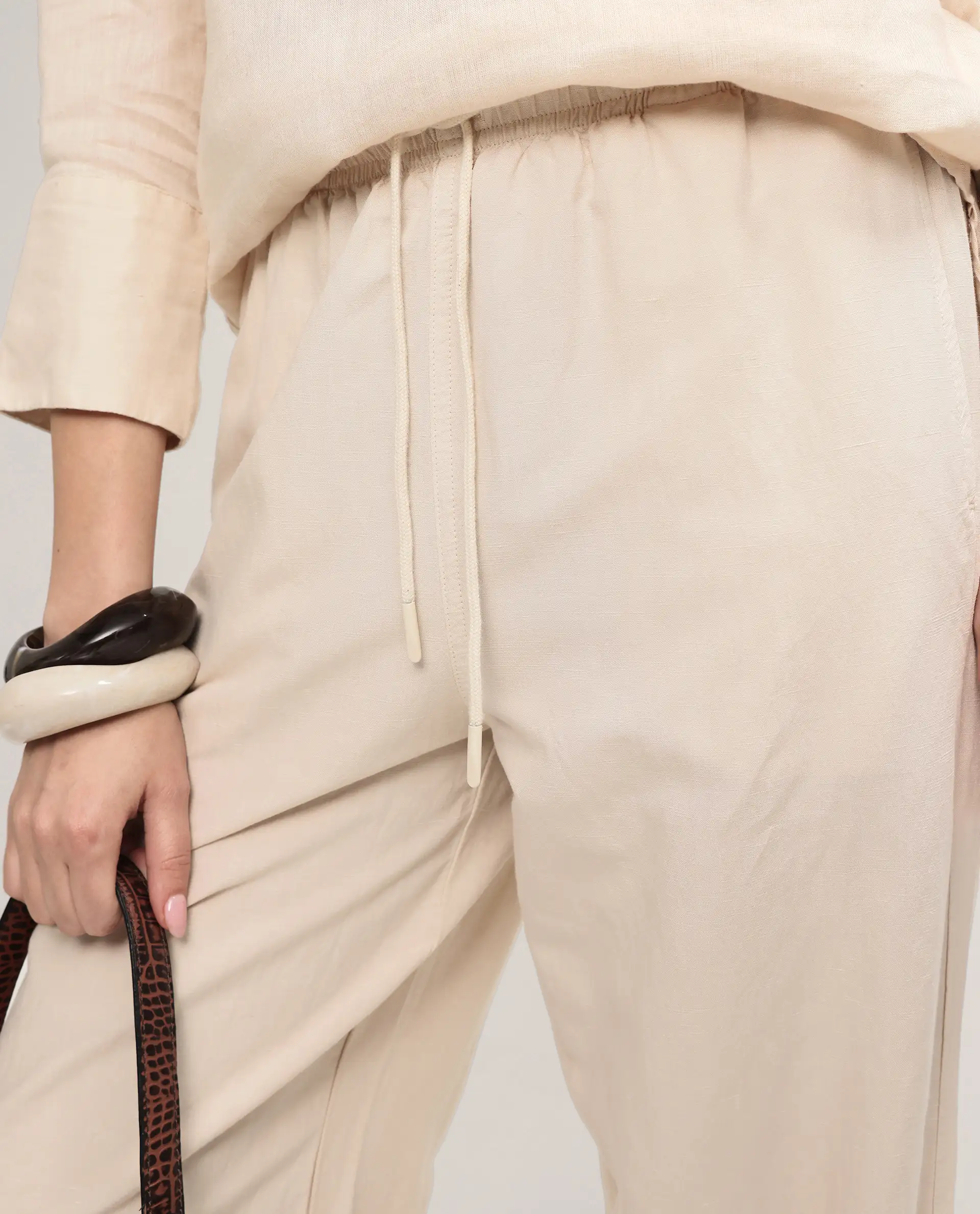 Rareism Women's Uniq Beige Linen Blend Fabric Straight Plain Trouser - Image 4