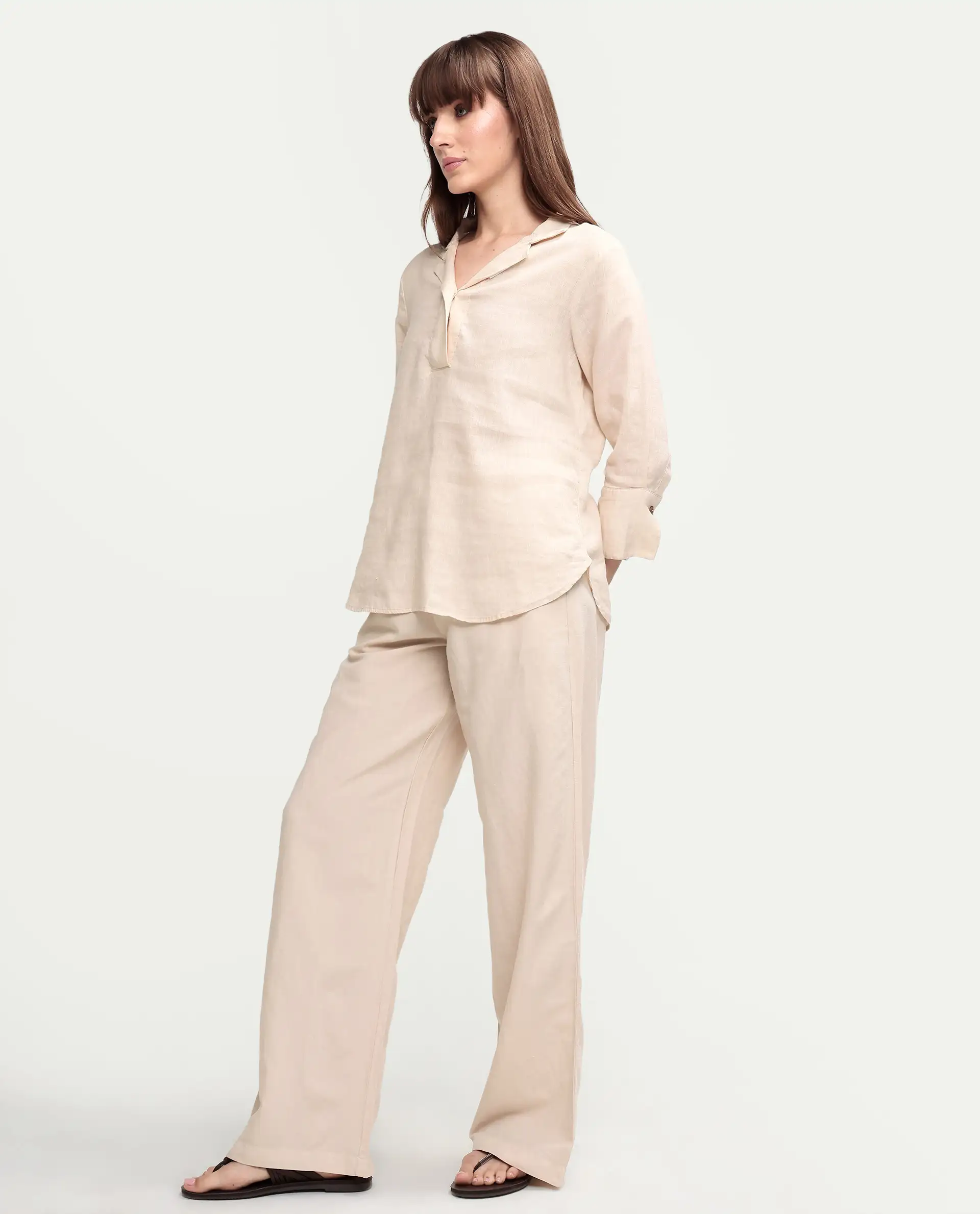 Rareism Women's Uniq Beige Linen Blend Fabric Straight Plain Trouser - Image 5