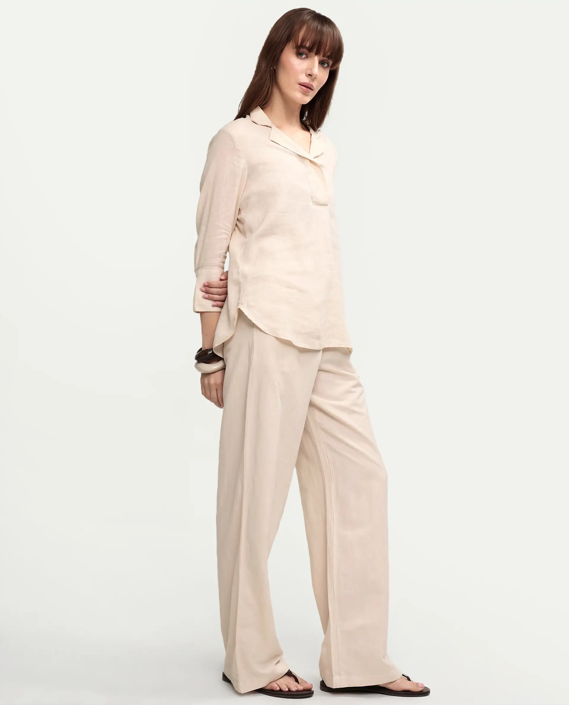 Rareism Women's Uniq Beige Linen Blend Fabric Straight Plain Trouser - Image 6