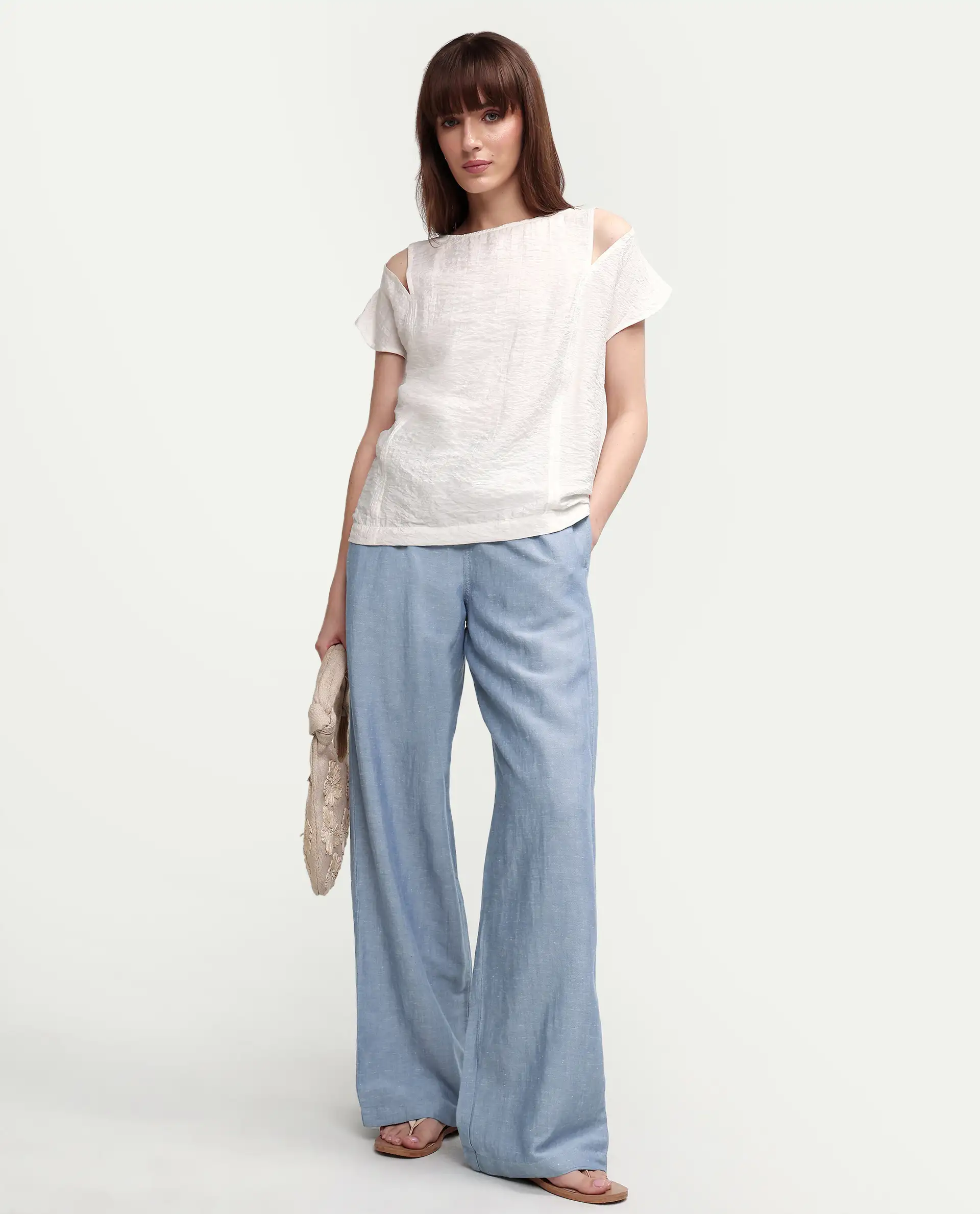 Rareism Women's Uniq Light Blue Linen Blend Fabric Straight Plain Trouser