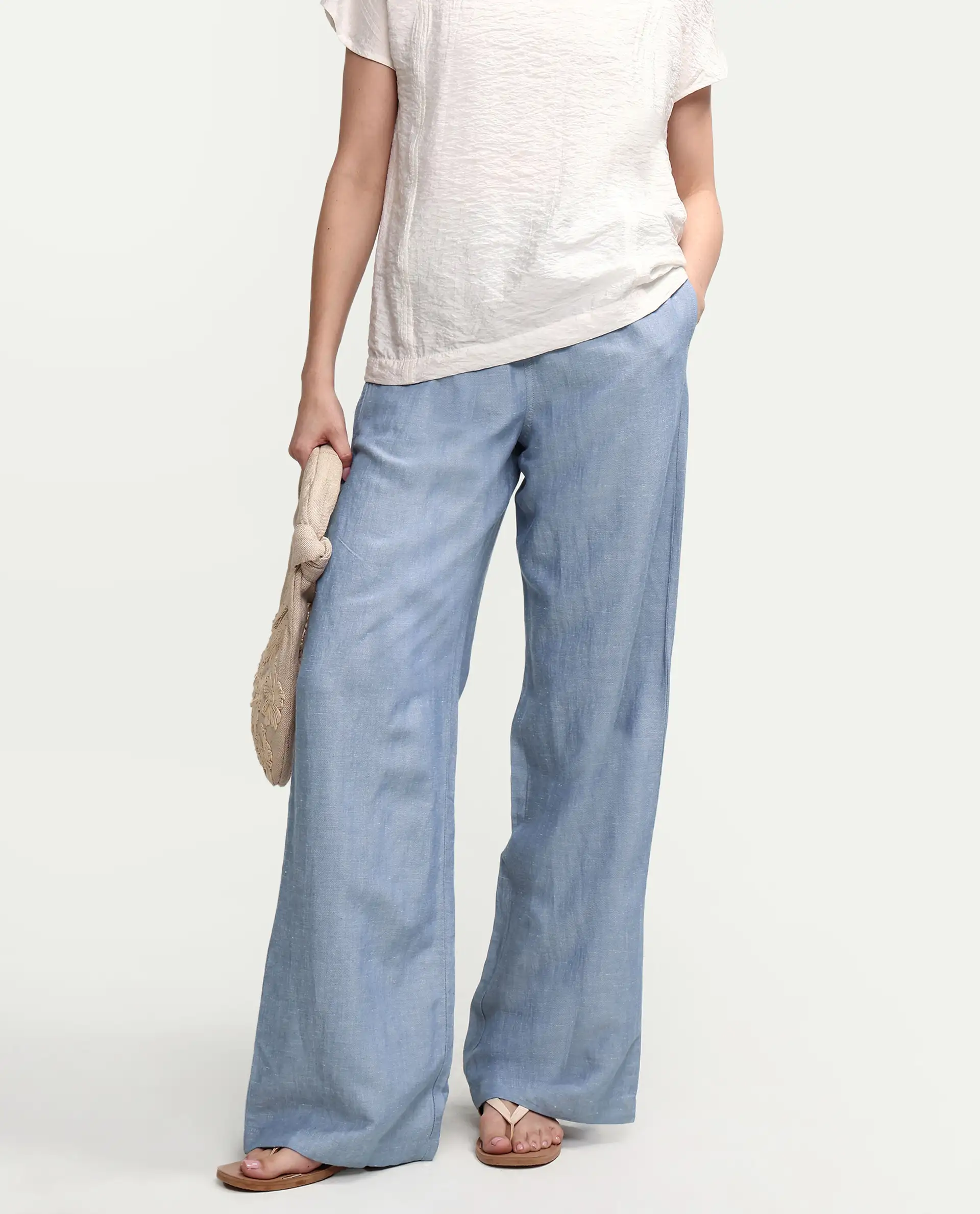 Rareism Women's Uniq Light Blue Linen Blend Fabric Straight Plain Trouser - Image 2