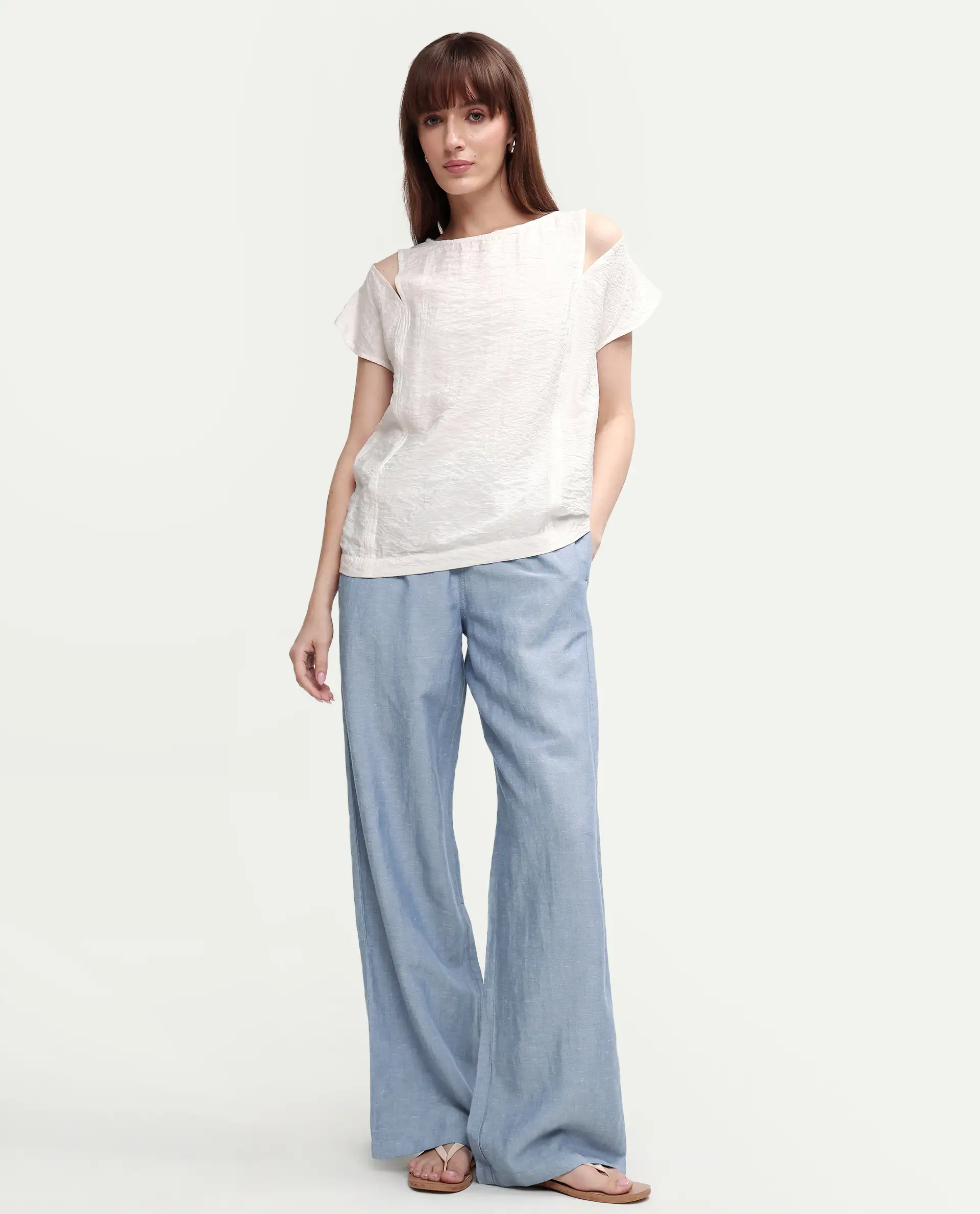 Rareism Women's Uniq Light Blue Linen Blend Fabric Straight Plain Trouser - Image 4